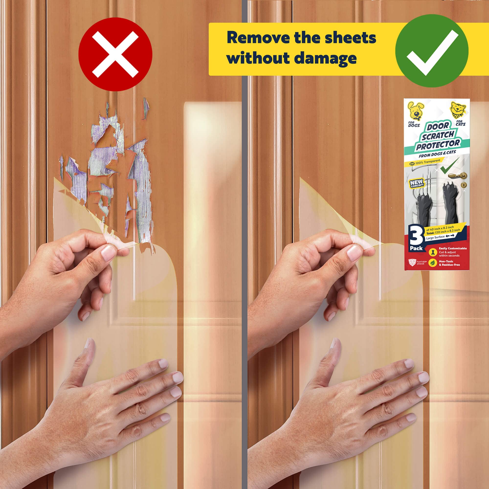 Panther Armor Cat Scratch Door Frame Protector - 3-Pack, 40"x8.2", Clear Plastic, Anti-Dog Scratch, Model DoorTape3Pack