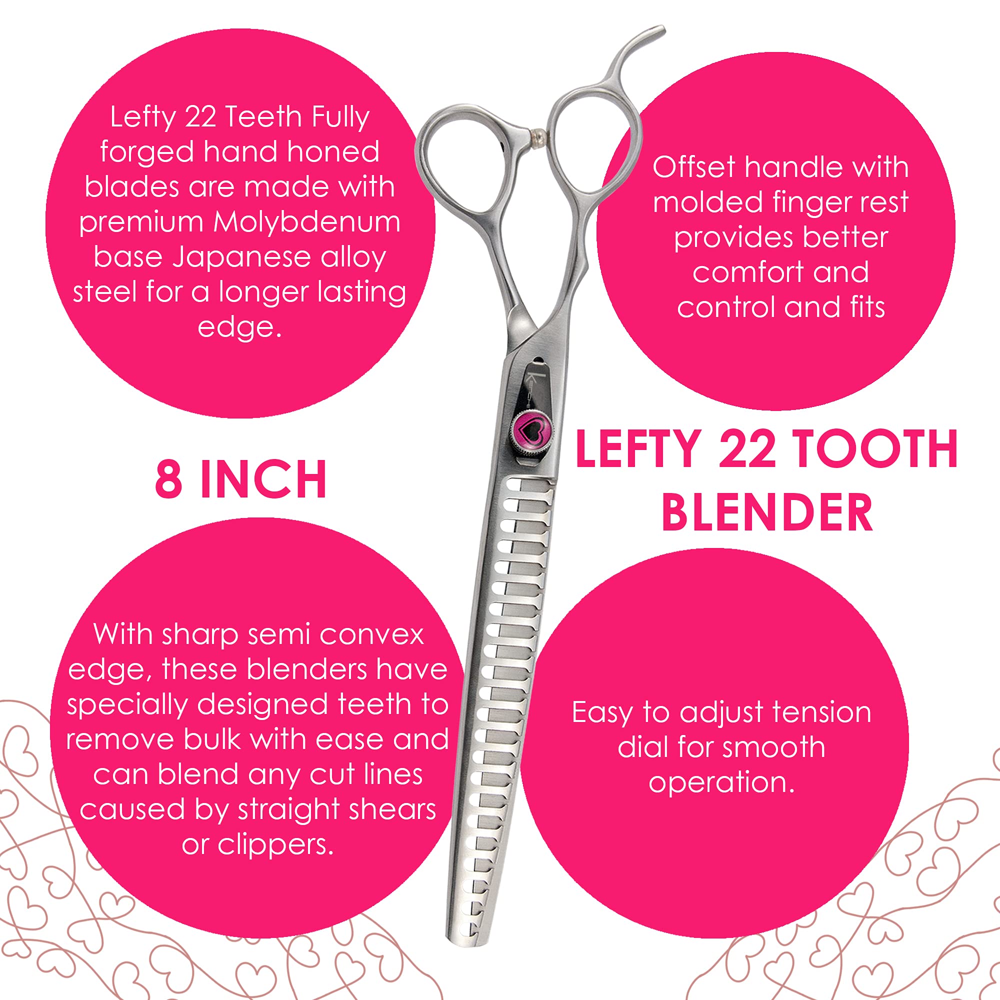 Kenchii Left Handed Dog Grooming Scissors | 22 Tooth Blender Dog Grooming Shears | Thinning Shears For All Dog Breeds | Pet Hair Blending Scissor | Pet Grooming Accessories | Love Collection