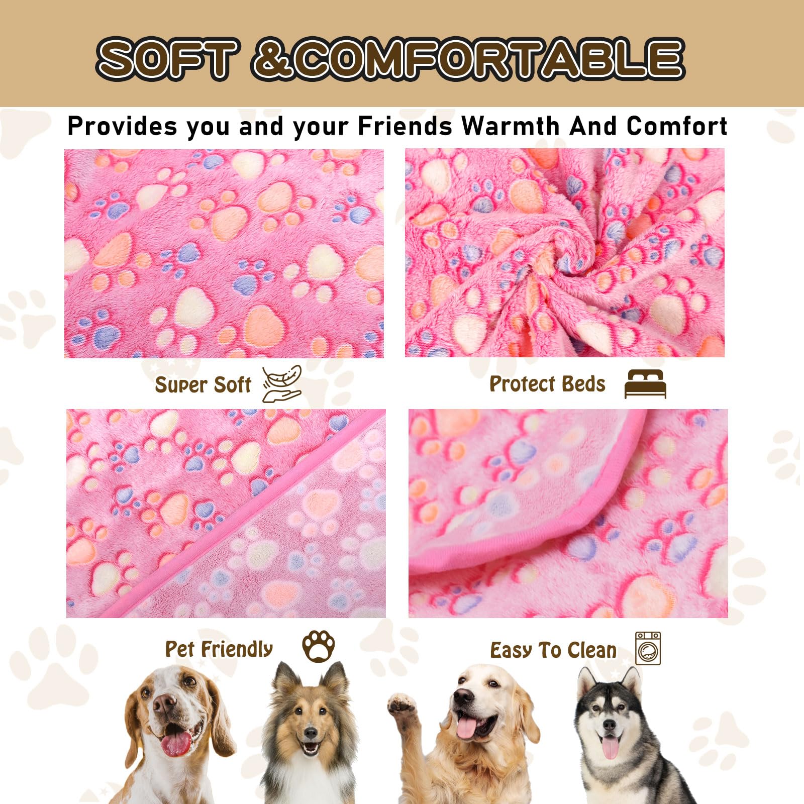 Rezutan Upgraded Dog Blankets For Large Dogs, Dog Cat Blankets Washable 40' X 50', Soft Pet Mat Throw Cover For Kennel Crate Bed, Cute Paw Pattern, Dog Blanket, Pet Blanket (1 Pack Pink)