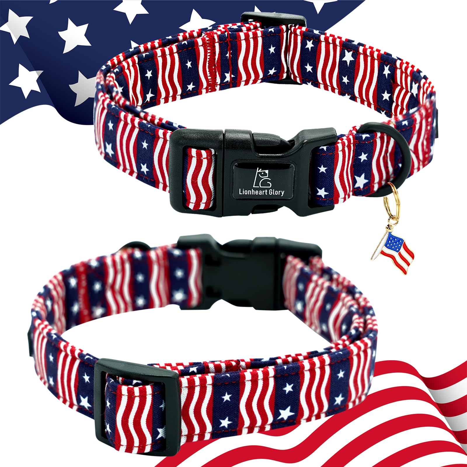 Lionheart Glory American Flag Dog Collar-4 Of July Patriotic Independence Day Dog Collar Heavy Duty Adjustable Dog Collars For M