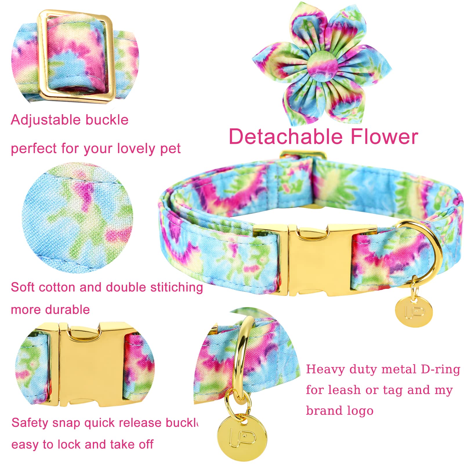 Up Urara Pup Dog Collar With Flower, Female Dog Collar For X-Large Girl Dog, Comfortable Adjustable Cute Cotton Flower Collar Wi