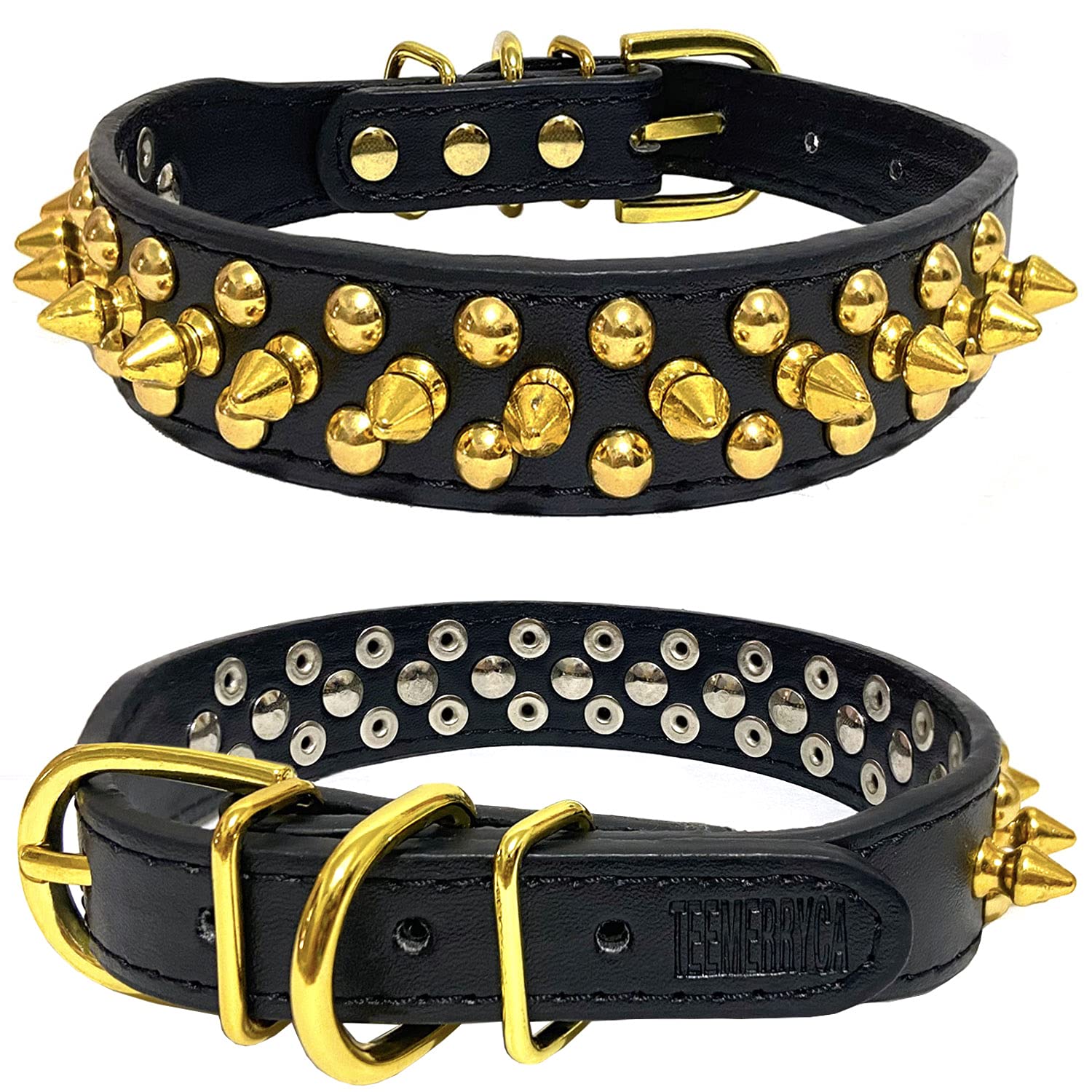 Teemerryca Black Leather Dog Collar With Gold Spikes For Male Small Medium Large Pets, Pit Bulls/Bulldog, Keep Dog Safe From Grabbing By Huge Dogs, M(12'-15')