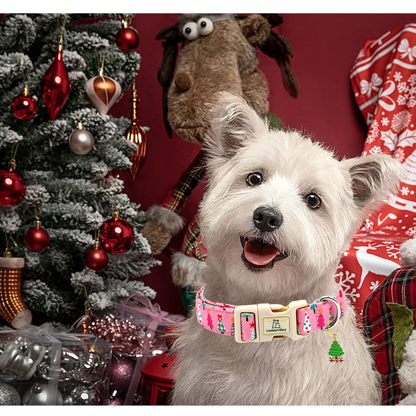 Lionheart Glory Christmas Dog Collar, Pink Christmas Tree Adjustable Soft Comfortable Collar For Medium Dogs For Girls Or Boys