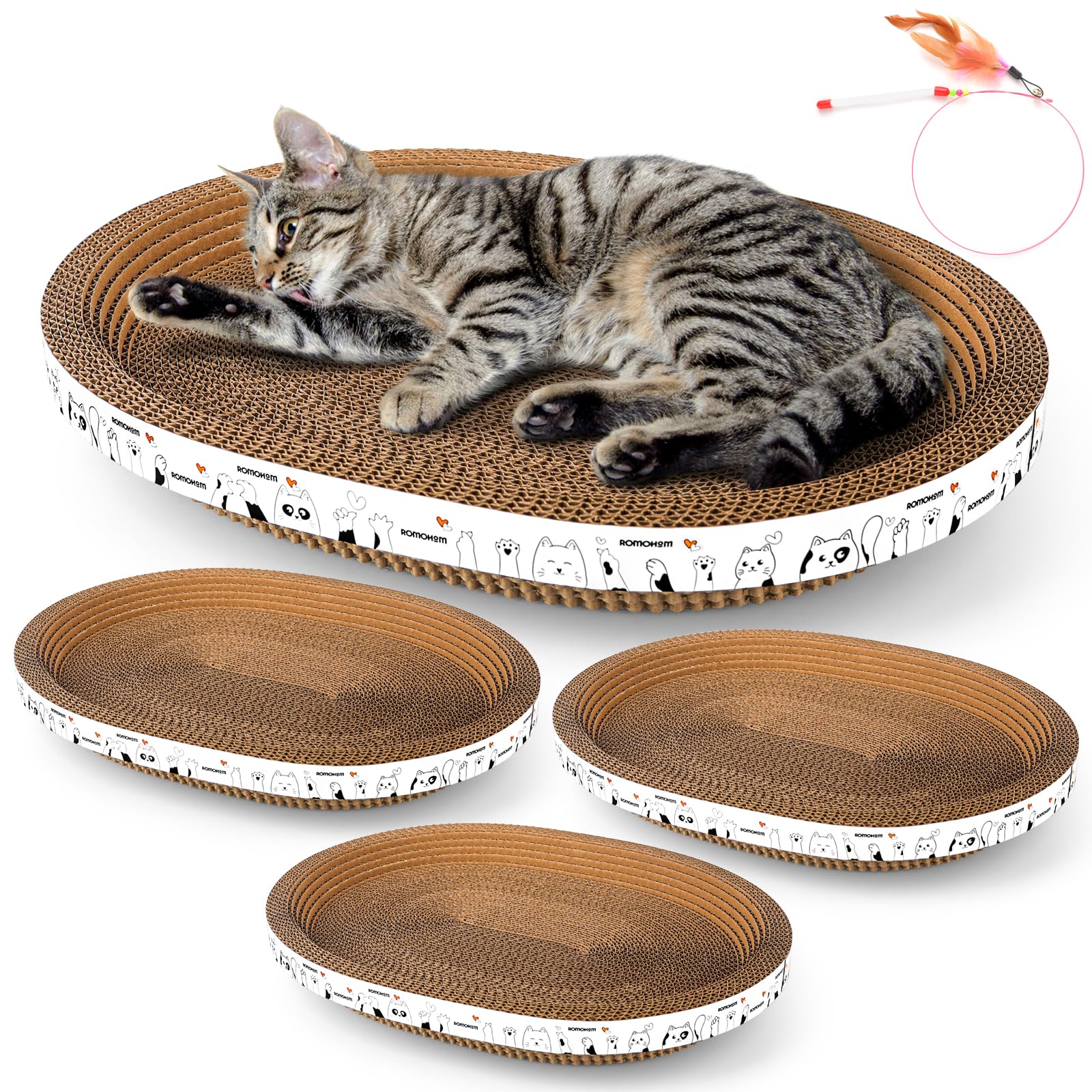 Romohom 3 Pack Oval Cardboard Cat Scratcher & Lounger Bed, High-Density Cat Scratching Board & Lounge Bed, Ergonomic Scratch Pad