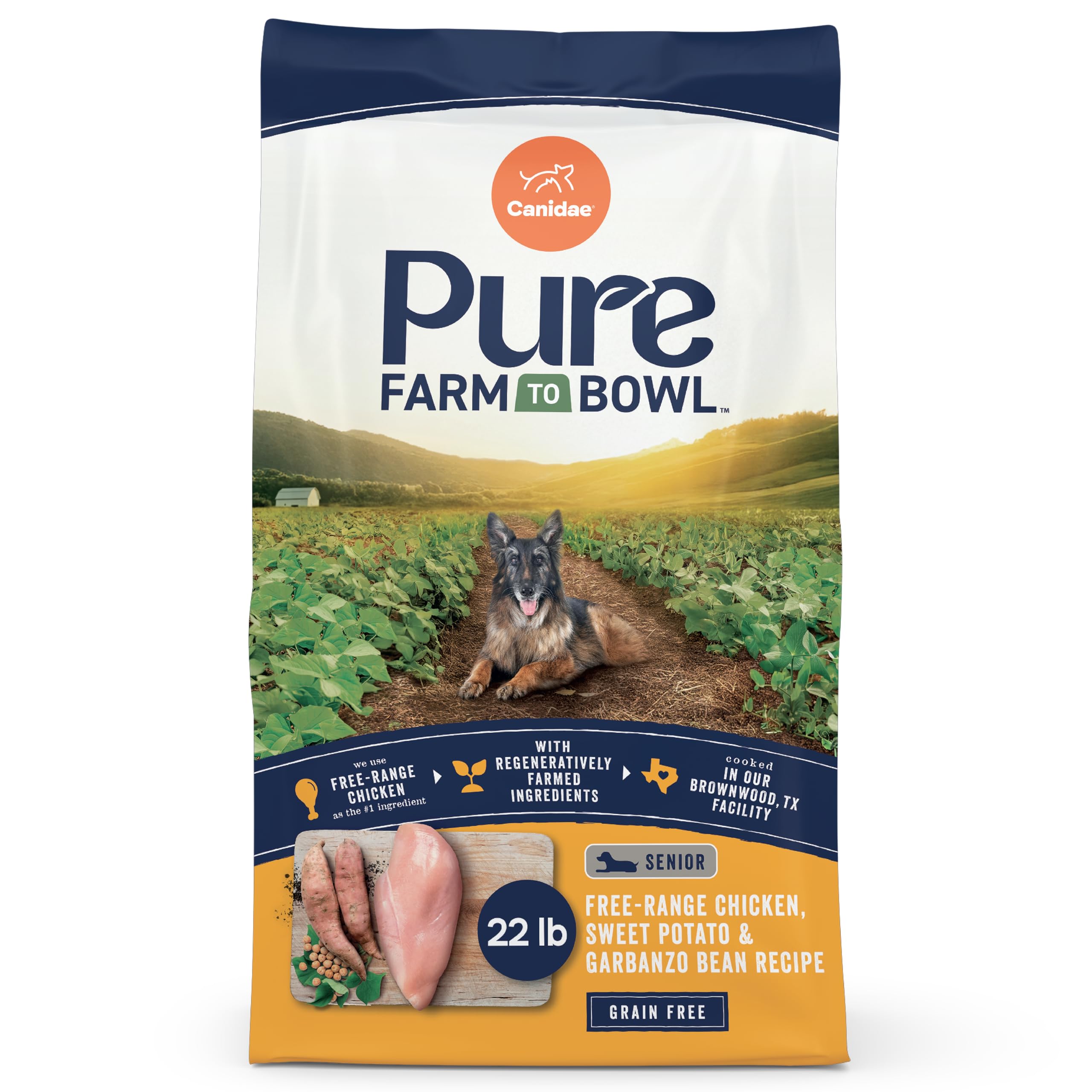 Canidae Pure Farm to Bowl Free-Range Chicken, Sweet Potato & Garbanzo Bean Grain-Free Senior Dog Food, Adult 22lb