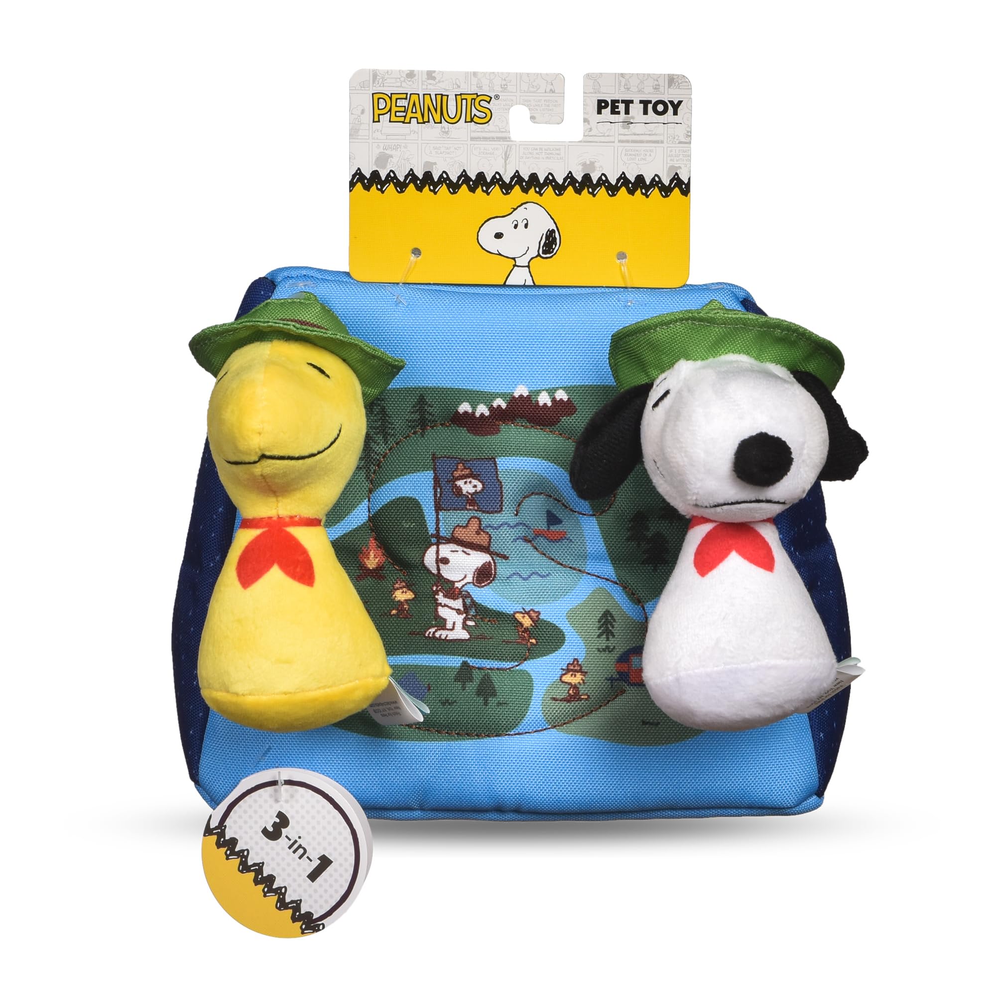 Peanuts For Pets 3-Piece Interactive Dog Toy Set, Burrow Toy, Snoopy & Woodstock Mini Plushes With Squeak Sound & Adventurer Ten