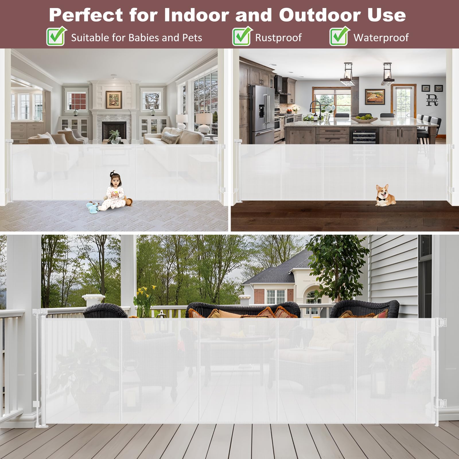 Reinforced 41'' Extra Tall Retractable Baby Gates Extra Wide 120'' Retractable Dog Gate with Support Rods, Indoor Mesh Baby Gate