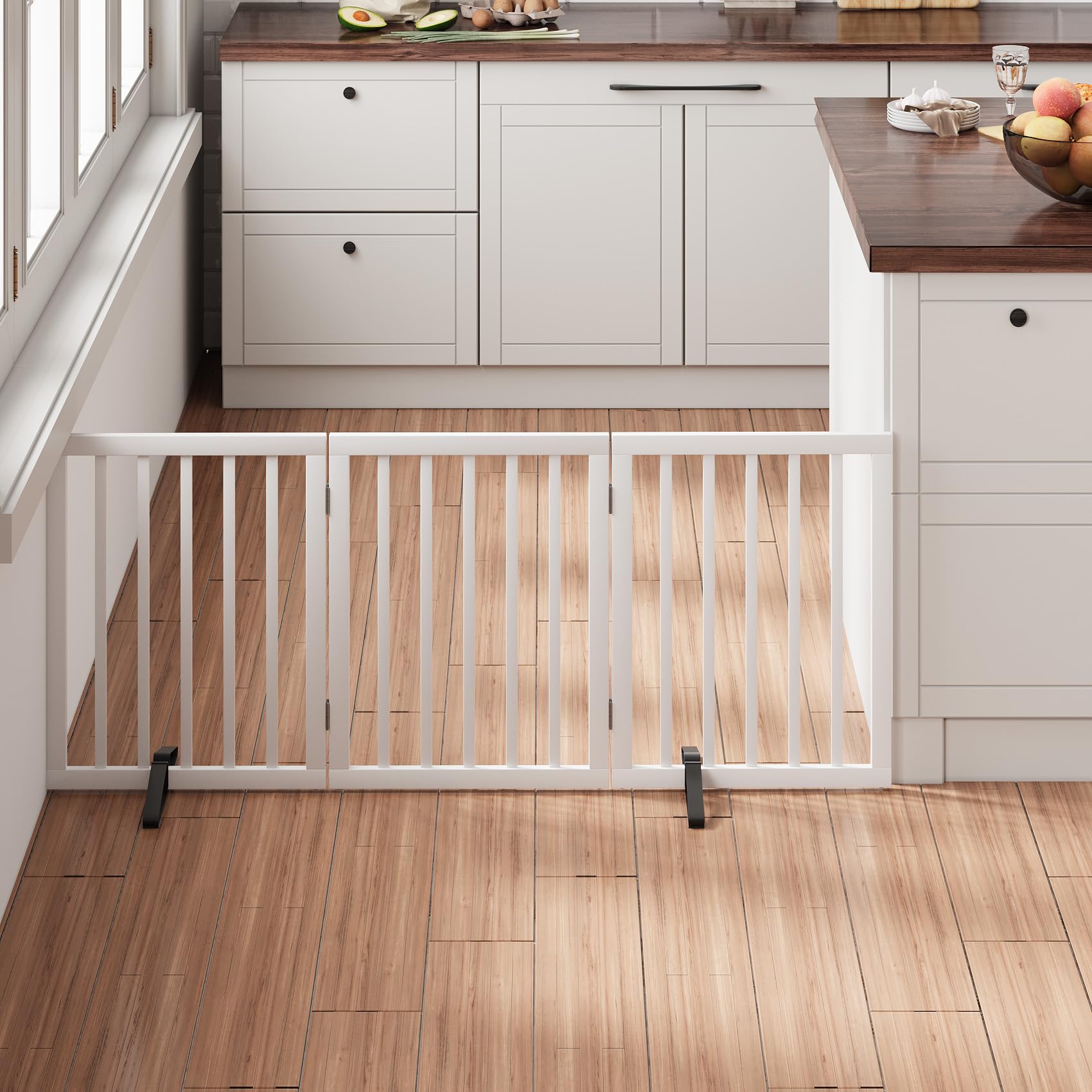 Mino Kesper White 18-55 Wide Pet Gate, Bamboo Dog Gate for Stair, Foldable Dog Gates for Doorways House, Freestanding Pet Gates 