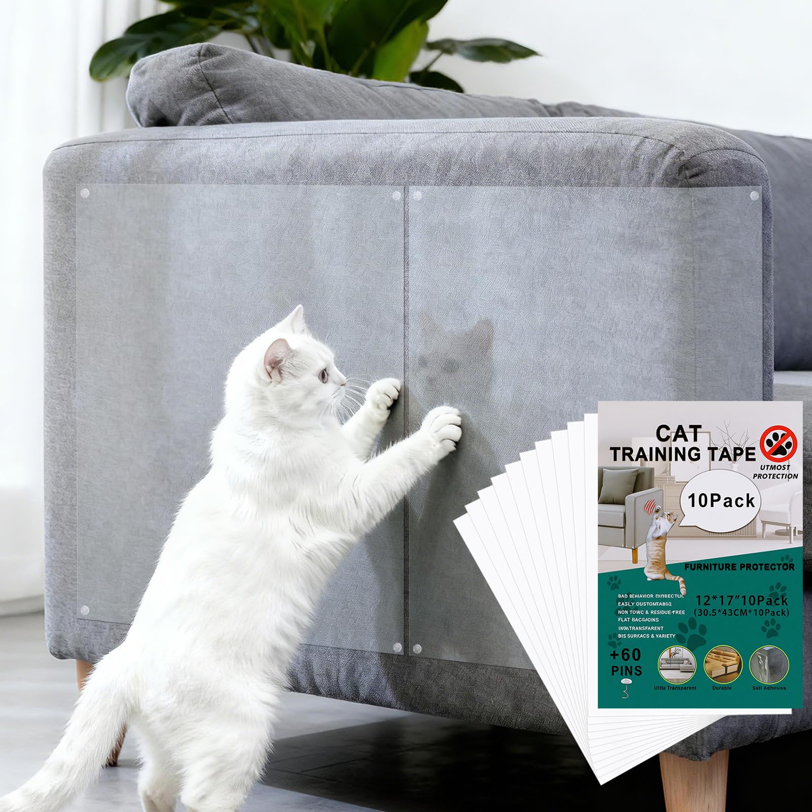Anti-Cat Scratch Furniture Protector - 10 Pack Couch Protectors from Cats Claws, Clear Cover Protection from Cat Scratching on Y