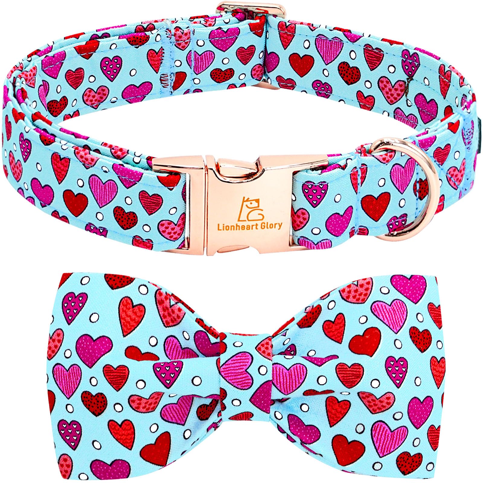 Lionheart Glory Dog Bow Collar Valentine'S Day Dog Collar For Medium Dogs Red Hearts Print Dog Collar With Bowtie Spring Dog Col