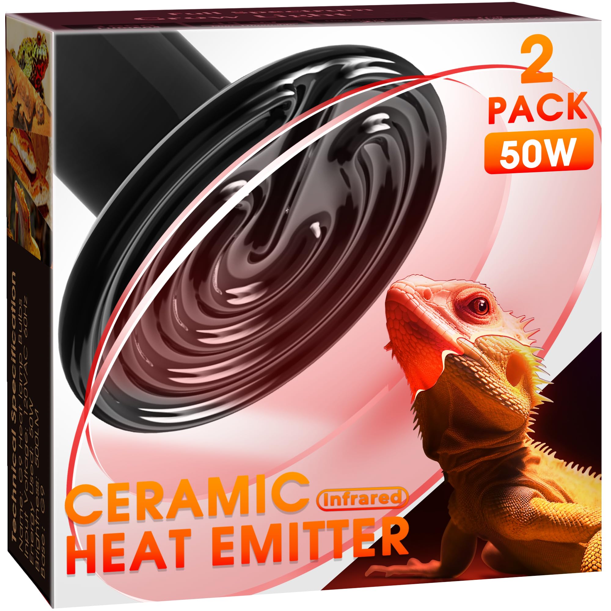 Ceramic Heat Emitter for Reptiles, 50W Heat Lamp Bulb, Ceramic Reptile Heat Bulb Black, No Light Emitting Heat Lamp for Amphibia