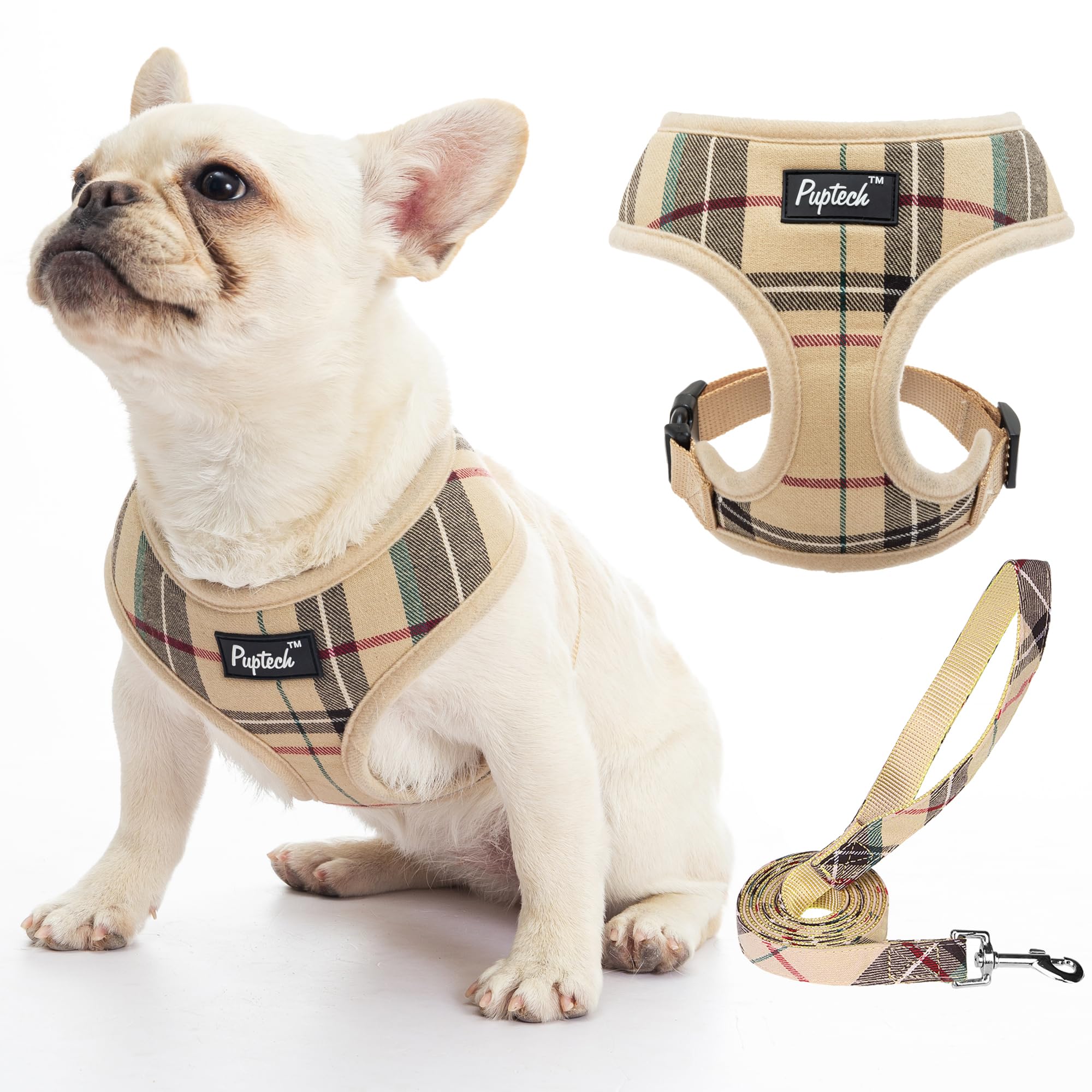 Pupteck Soft Mesh Dog Harness And Leash Set Pet Puppy Cat Comfort Padded Vest No Pull Harnesses, Solid Beige, L