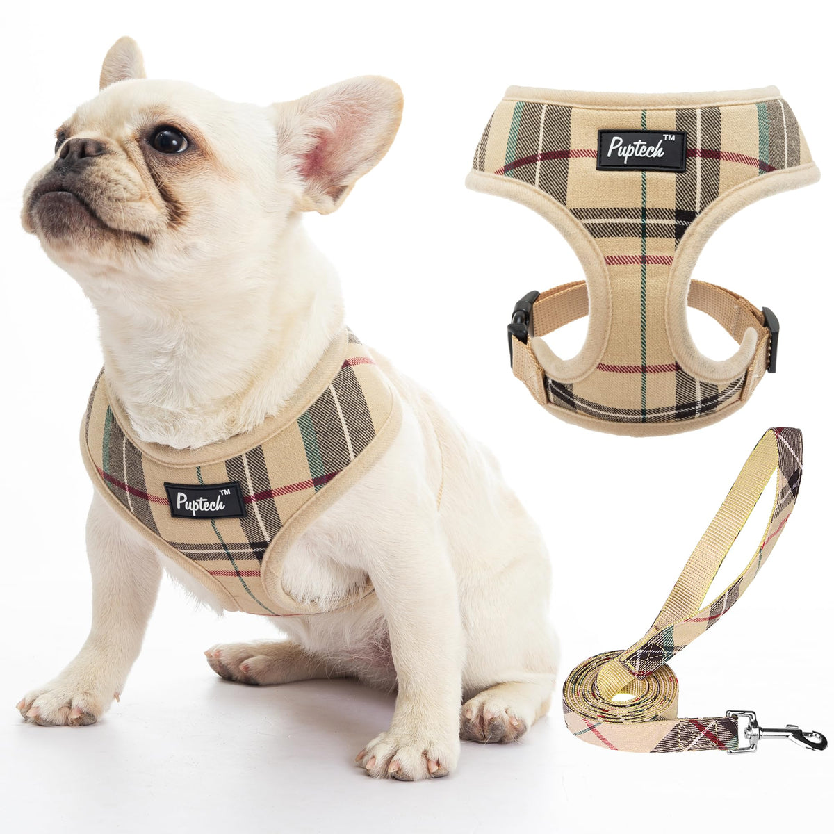 Pupteck Soft Mesh Dog Harness And Leash Set Pet Puppy Cat Comfort Padded Vest No Pull Harnesses, Beige, S