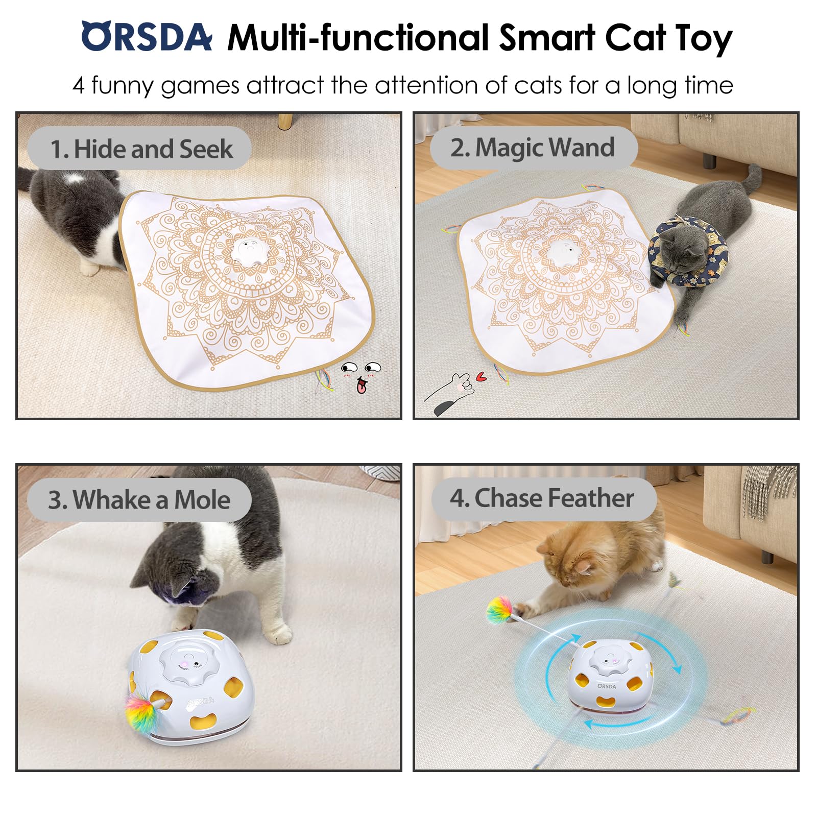 Orsda Cat Toy, Chargeable 4-In-1 Interactive Cat Toys For Indoor Cats, Hide And Seek, Cat Wand Toy, Whack A Mole, Automatic Kitt