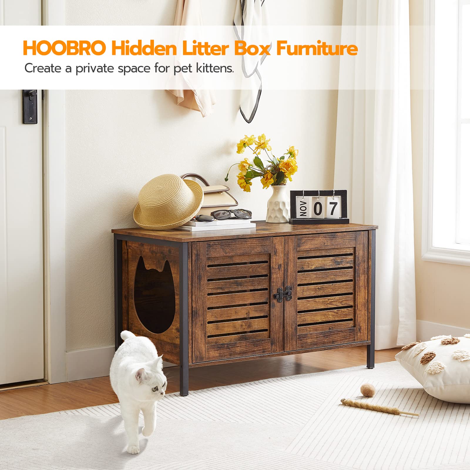 Hoobro Cat Litter Box Enclosure, Hidden Litter Box Furniture With Shutter Door And Cat Head Mat, Cat Entrance Can Be On Left Or Right, Cat Washroom Fit Most Of Litter Box, Rustic Brown Bf06Mw01