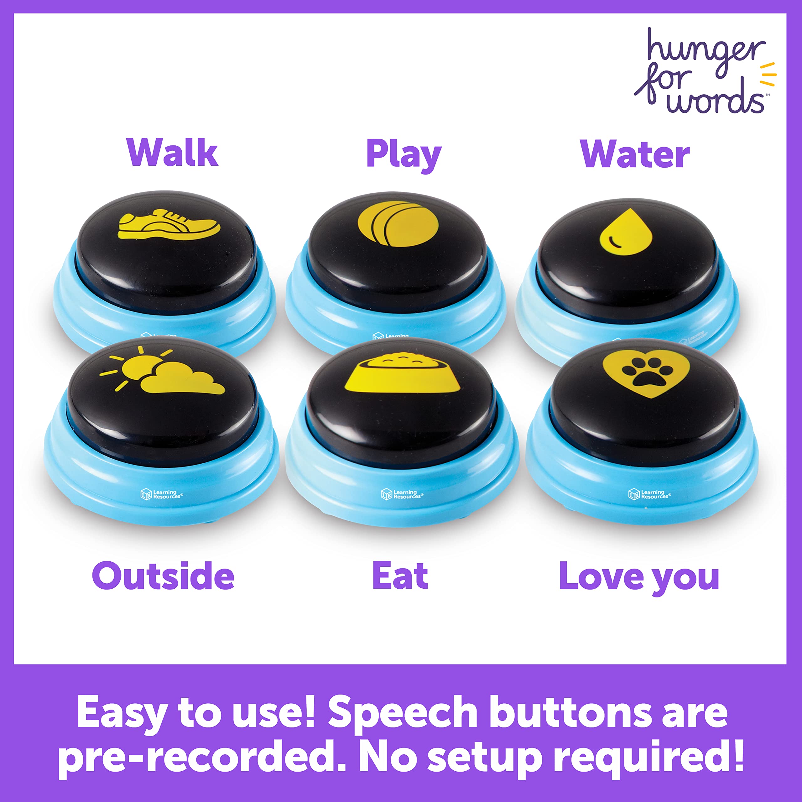 Hunger For Words Talking Pet Essential Words - 6 Piece Set Pre-Recorded Speech Buttons For Dogs, Dog Buttons For Communication