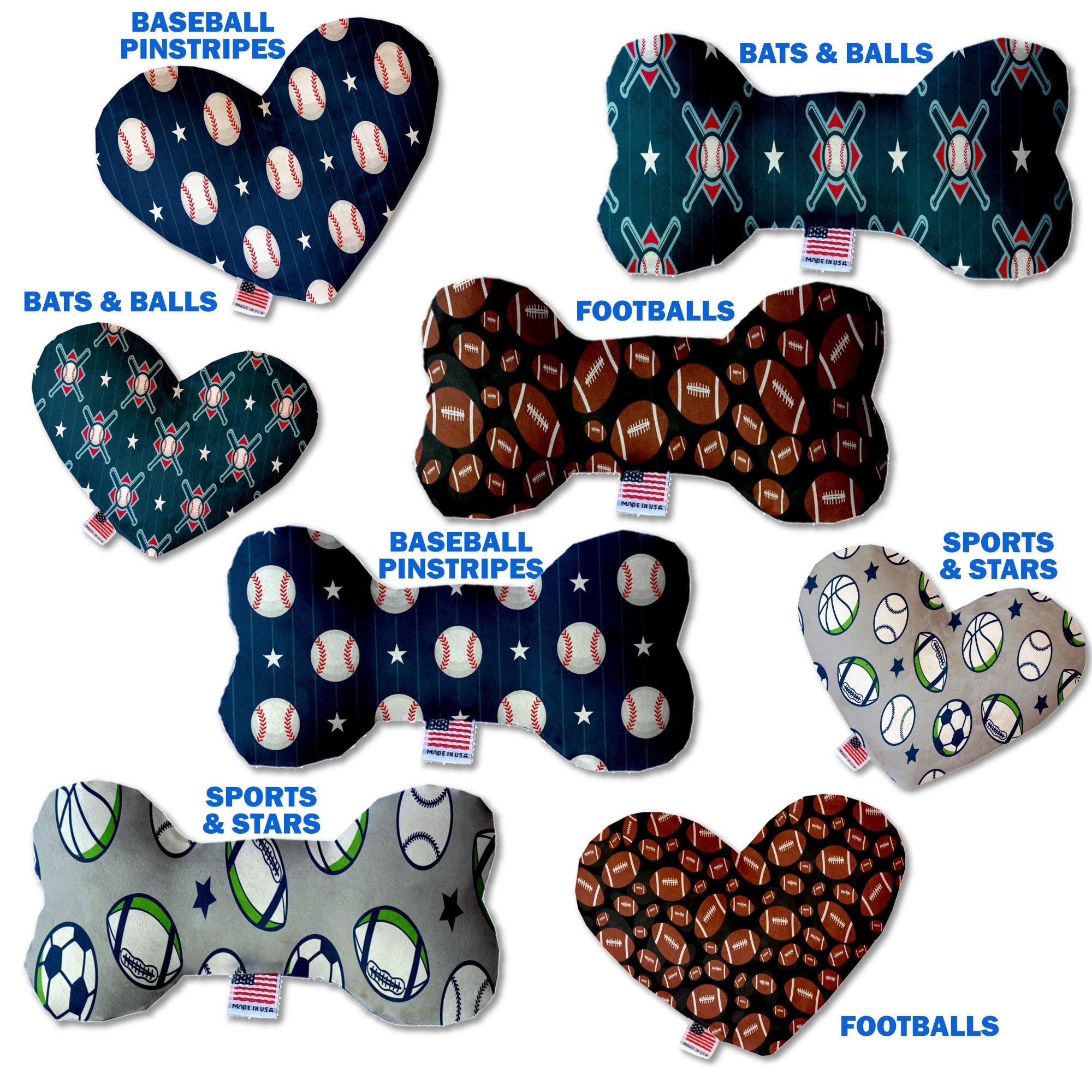 Pet and Dog Plush Heart or Bone Toy, "Sports Fan Group" (Available in different sizes, and 4 different pattern options!) Bats & Balls 8" Plush Heart