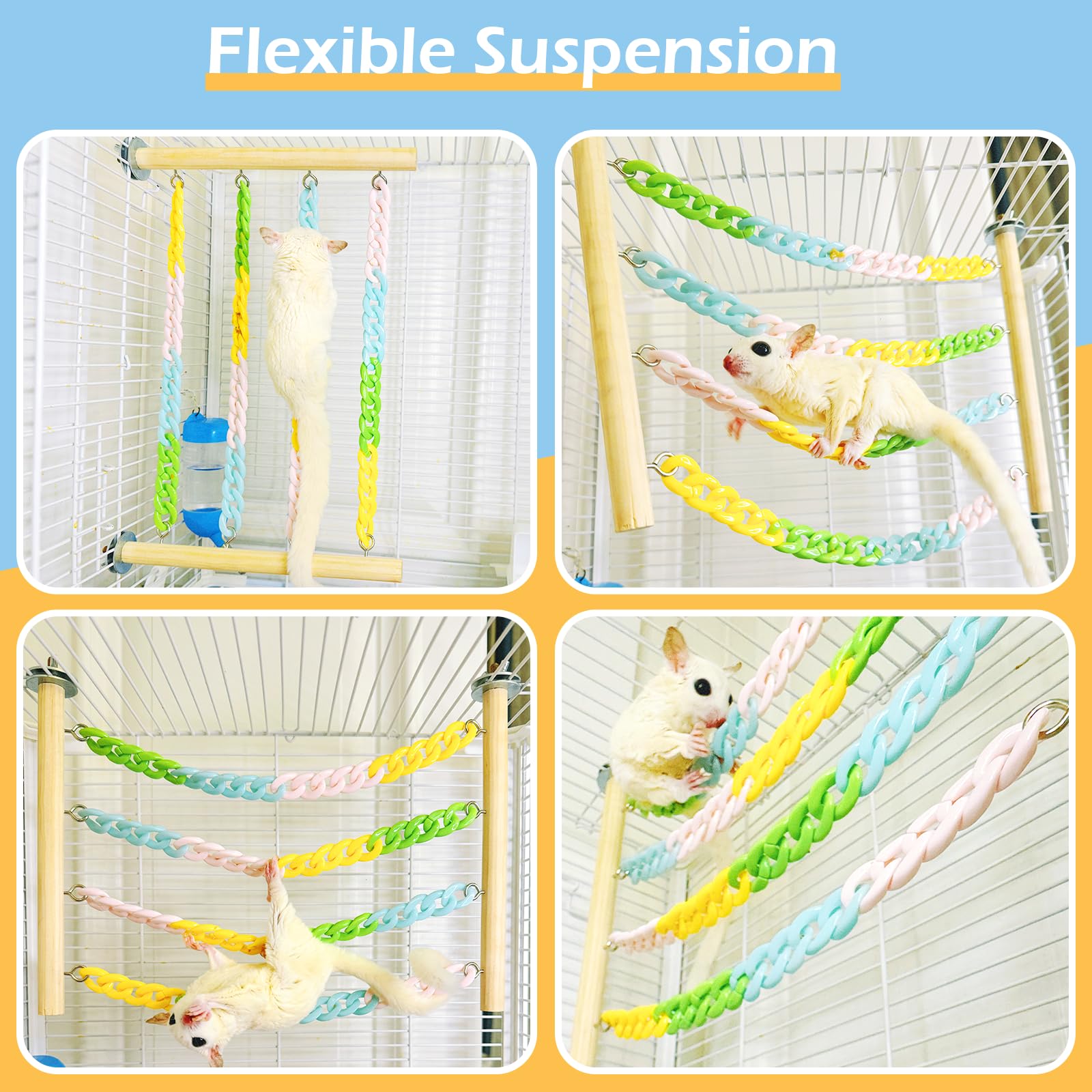 Jevnd 2Pcs Sugar Glider Climbing Toys, Natural Wood With Sturdy Colorful Chains Hanging Toys Sugar Glider Cage Accessories, Wobb