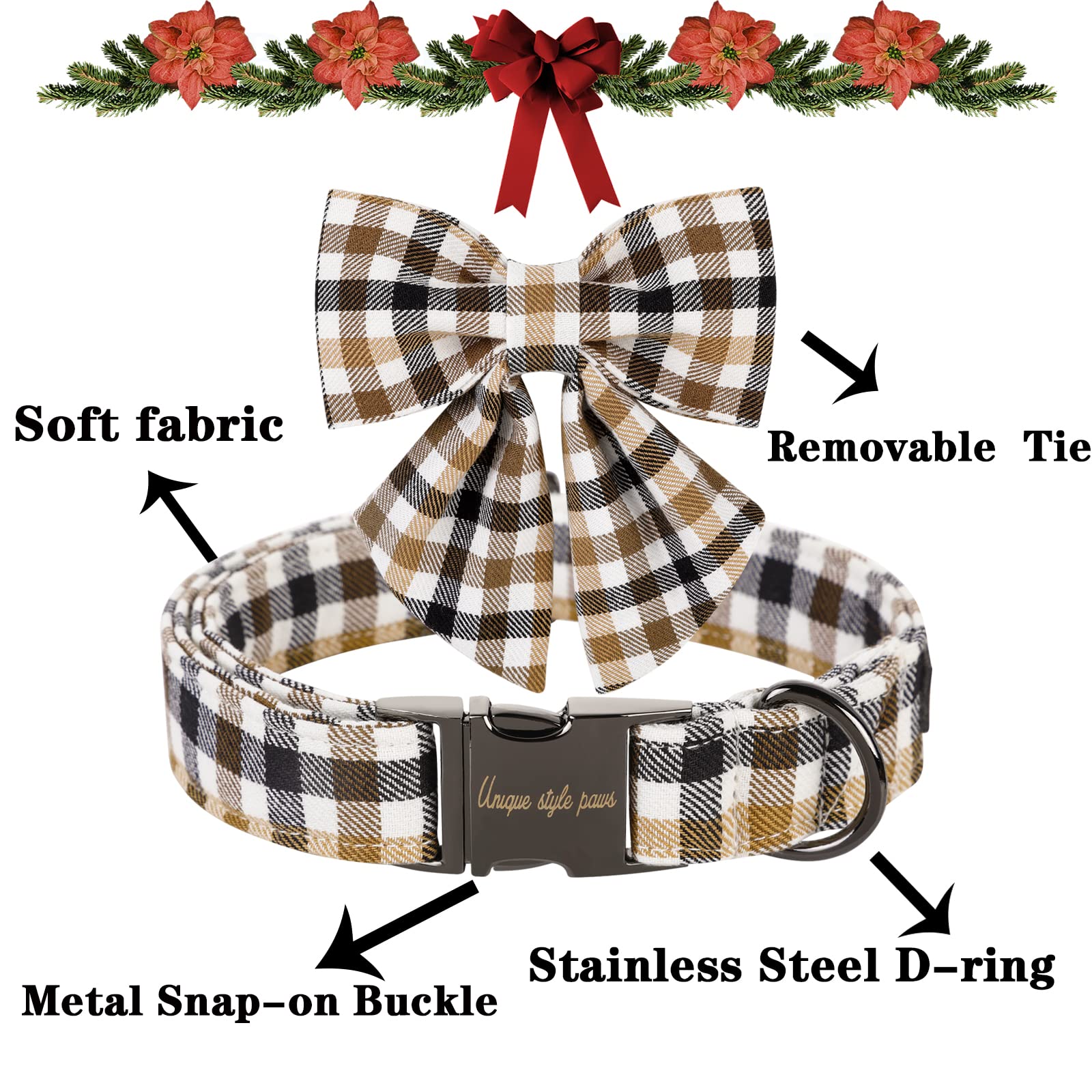 Unique Style Paws Christmas Dog Collar With Bow Tie Brown Plaid Puppy Collar For Small Medium Large Dogs As Autumn Winter Pet Gi