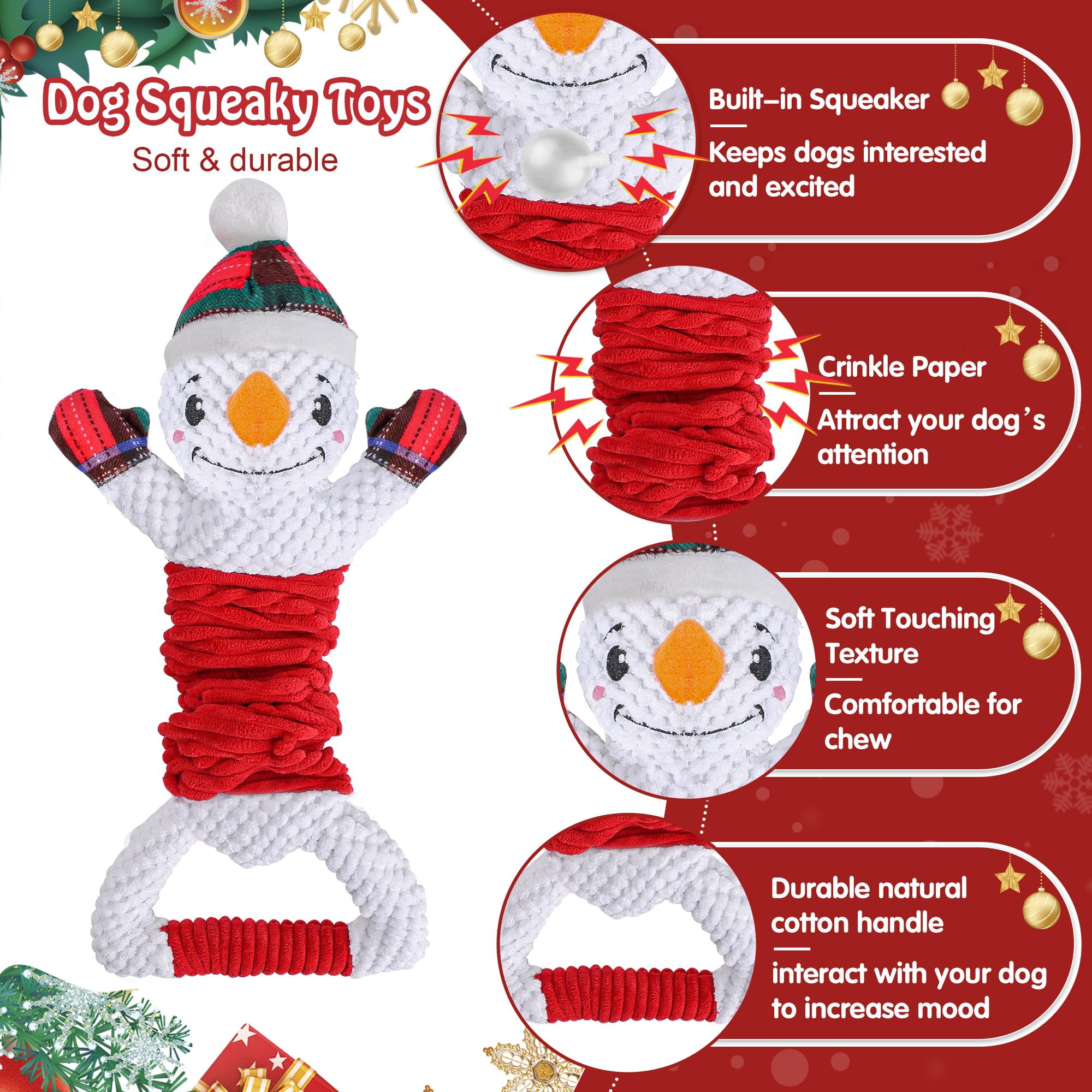Newget Dog Plush Squeak Toy, Durable, Christmas Snowman, Medium, Large, Small Dogs, Puppy Teething, Indoor, 1 Count