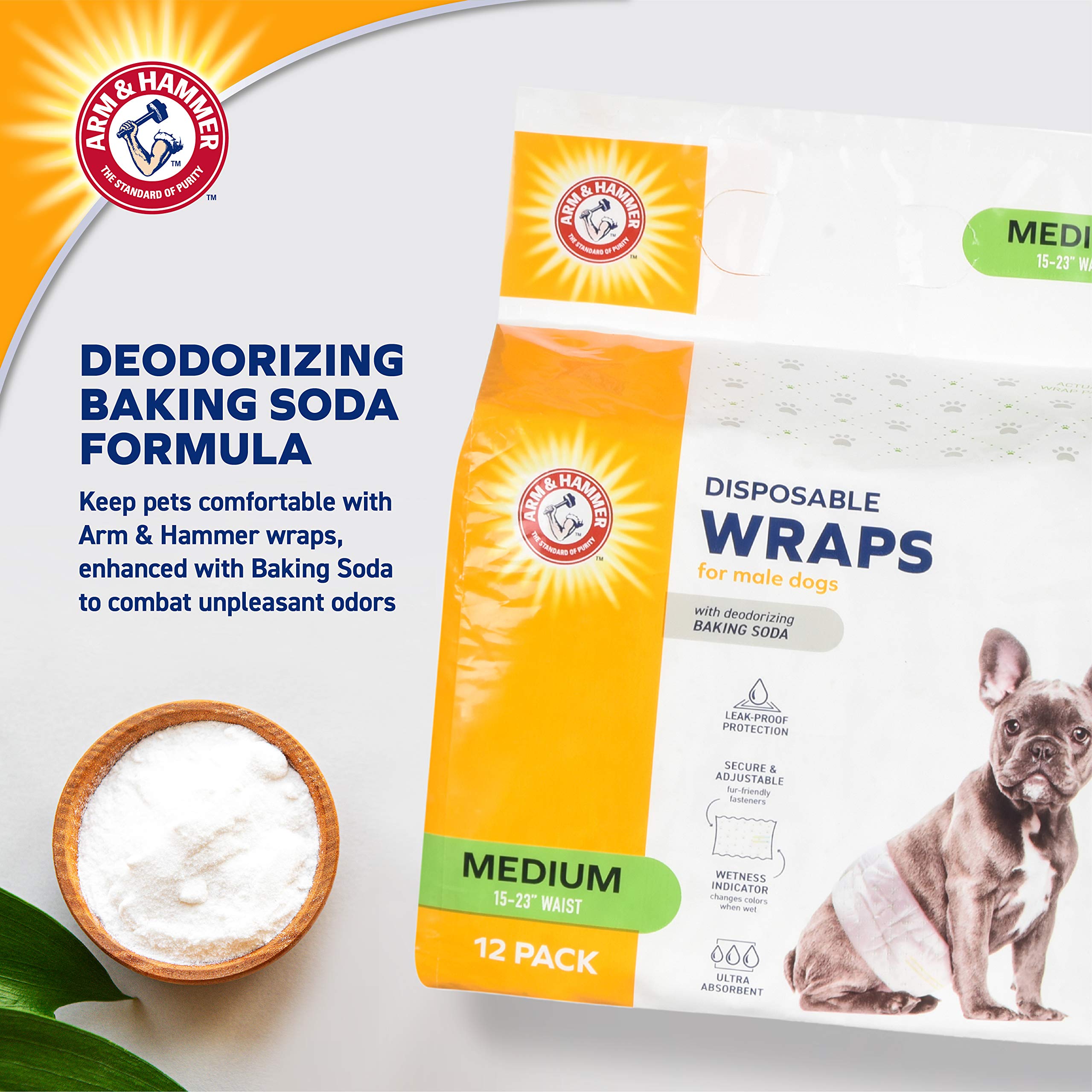Arm&Hammer for Pets Male Dog Wraps, Medium 24 Ct UltraAbsorbent, Adjustable Male Dog Diapers with Leakproof Protection & Wetness