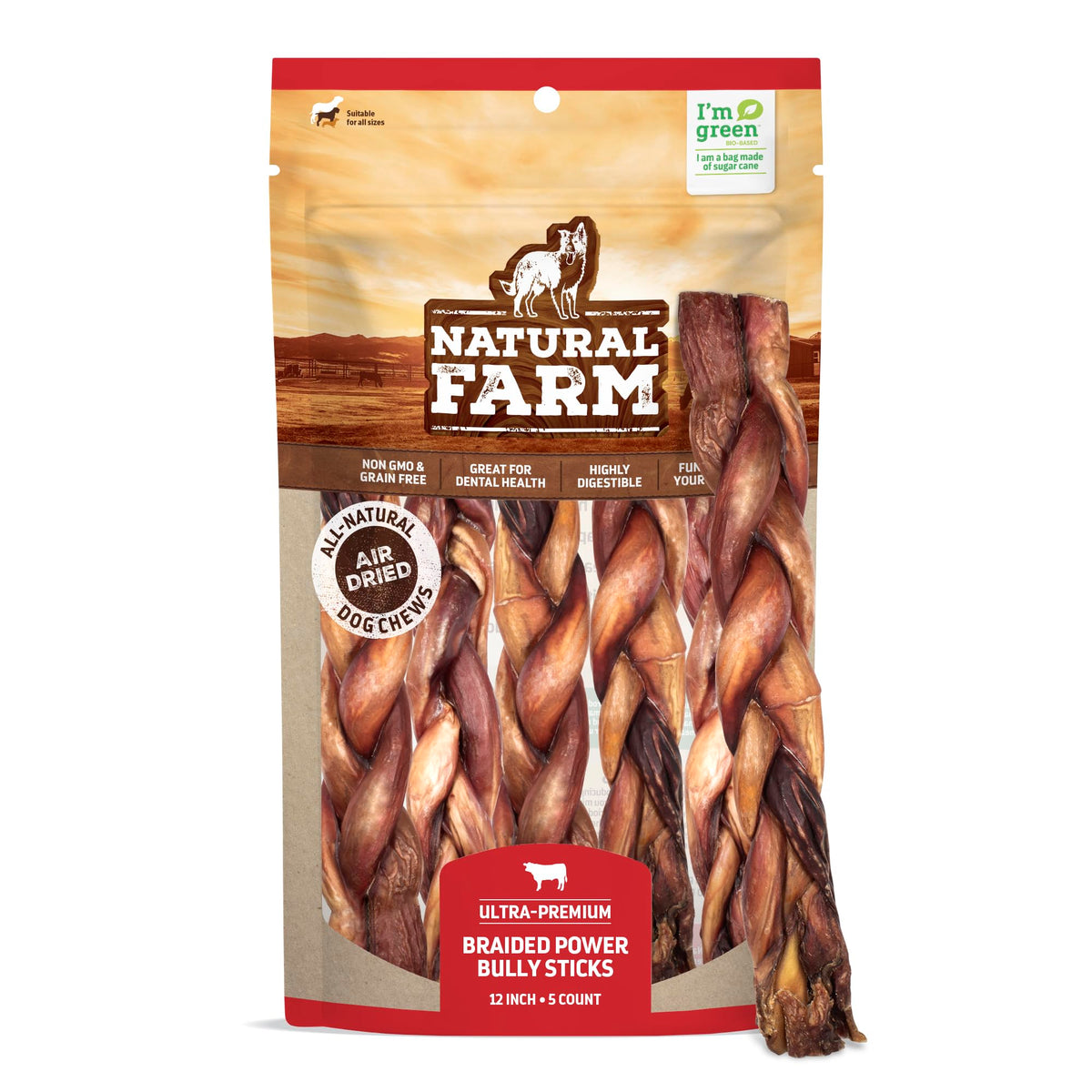 Natural Farm Braided Power Bully Sticks Dog Chews (12”, 5-Pack), 2-In-1 Power Chews: Premium Beef Cheek Wrapped In Beef Pizzle, Braided Together For A Very Long Lasting Chew, Great For Large Dogs