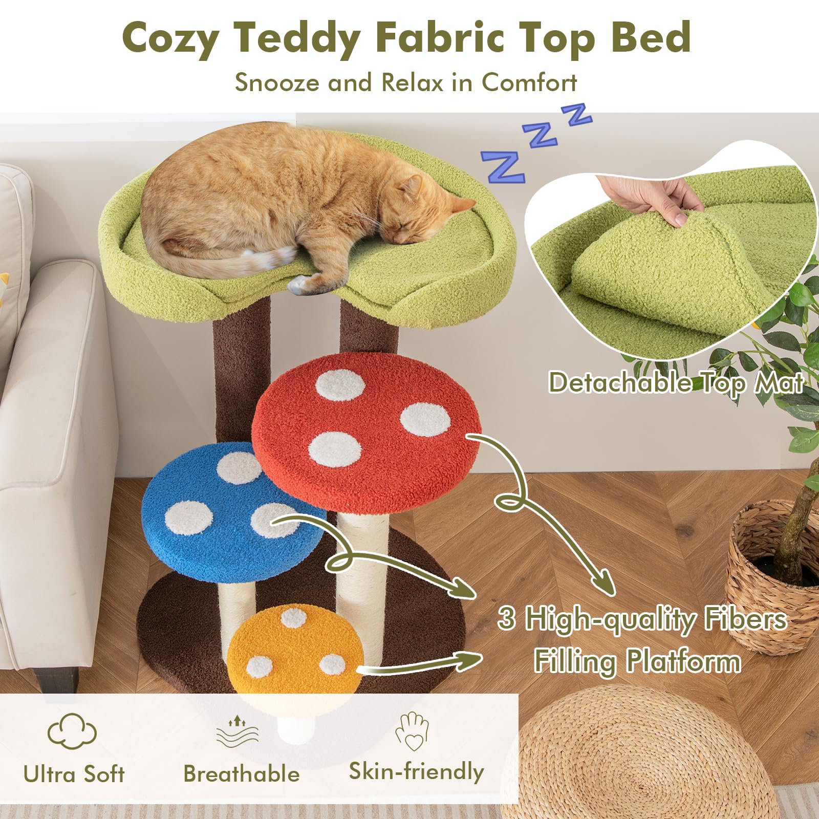 Tangkula Mushroom Cat Tree, Cute Cat Tower With Full-Wrapped Sisal Post, Unique Multi-Level Cat Activity Center, Cat Scratching