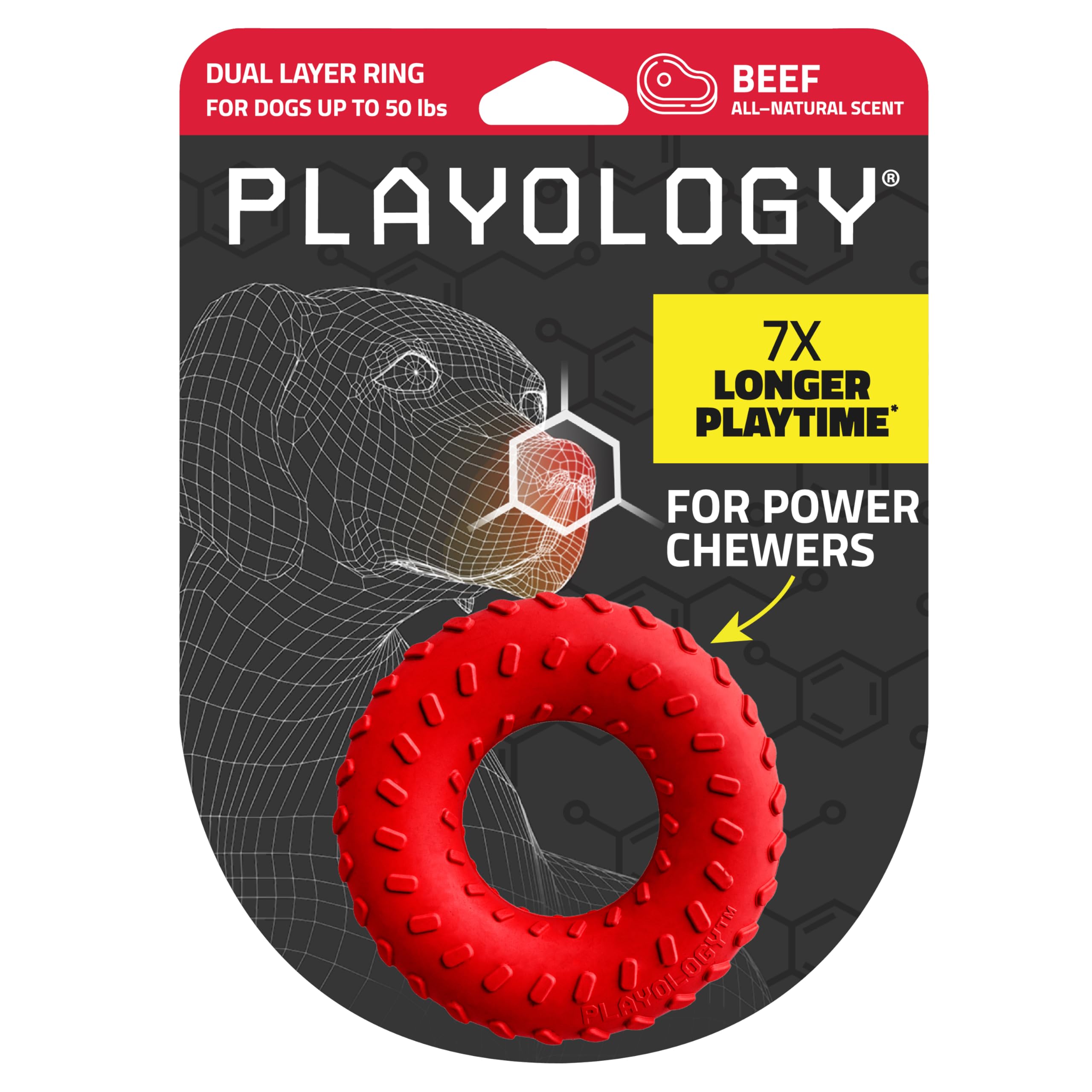 Playology Dual Layer Ring Toy for Medium Dogs up to 50lbs | Engaging All-Natural Beef Scented Durable Dog Chew Toy for Power Che