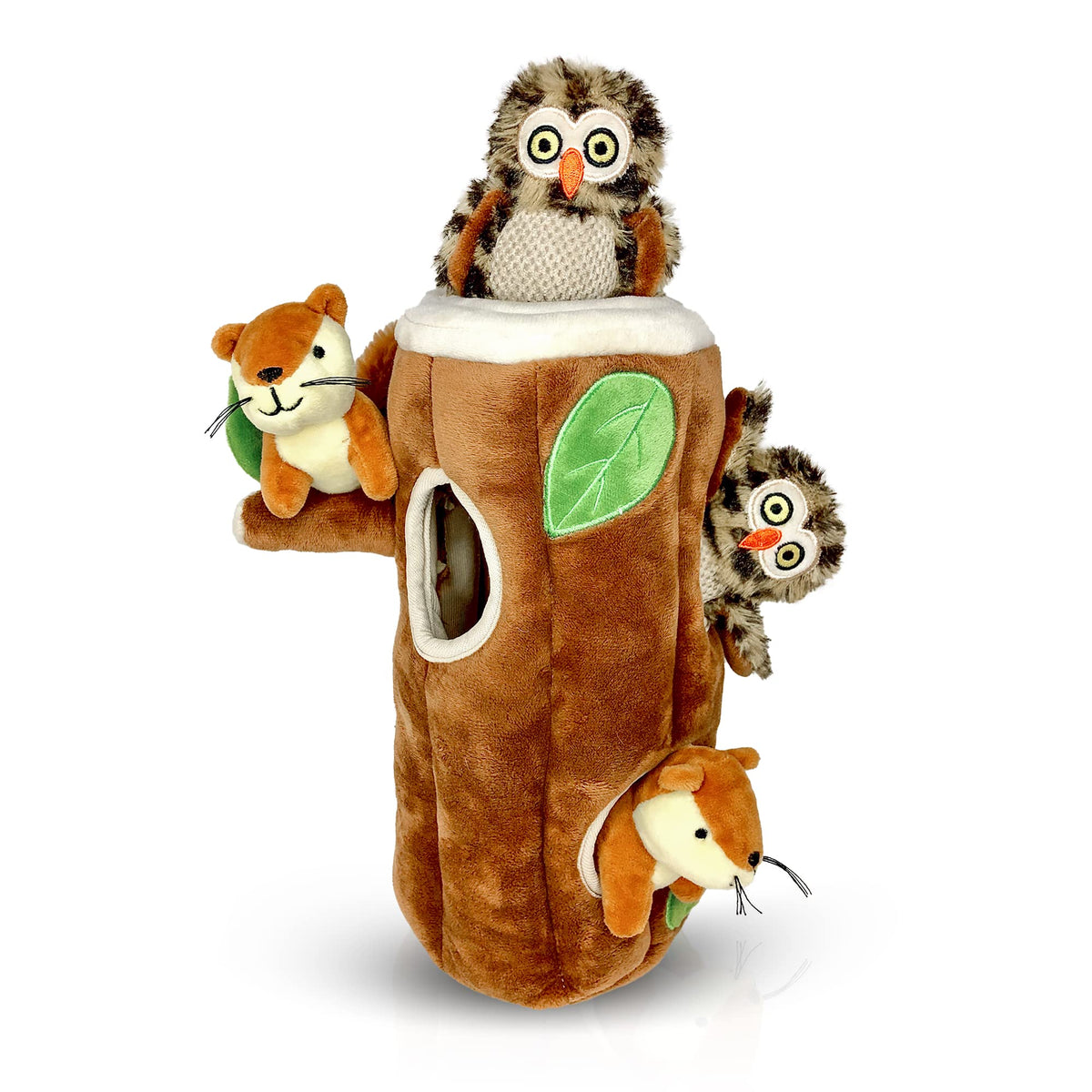 Pawaza - Interactive Squeaky Stuffed Squirrel And Owl Hide And Seek Tree Log Puzzle Dog Puppy Toy (Tree Log With Animals)