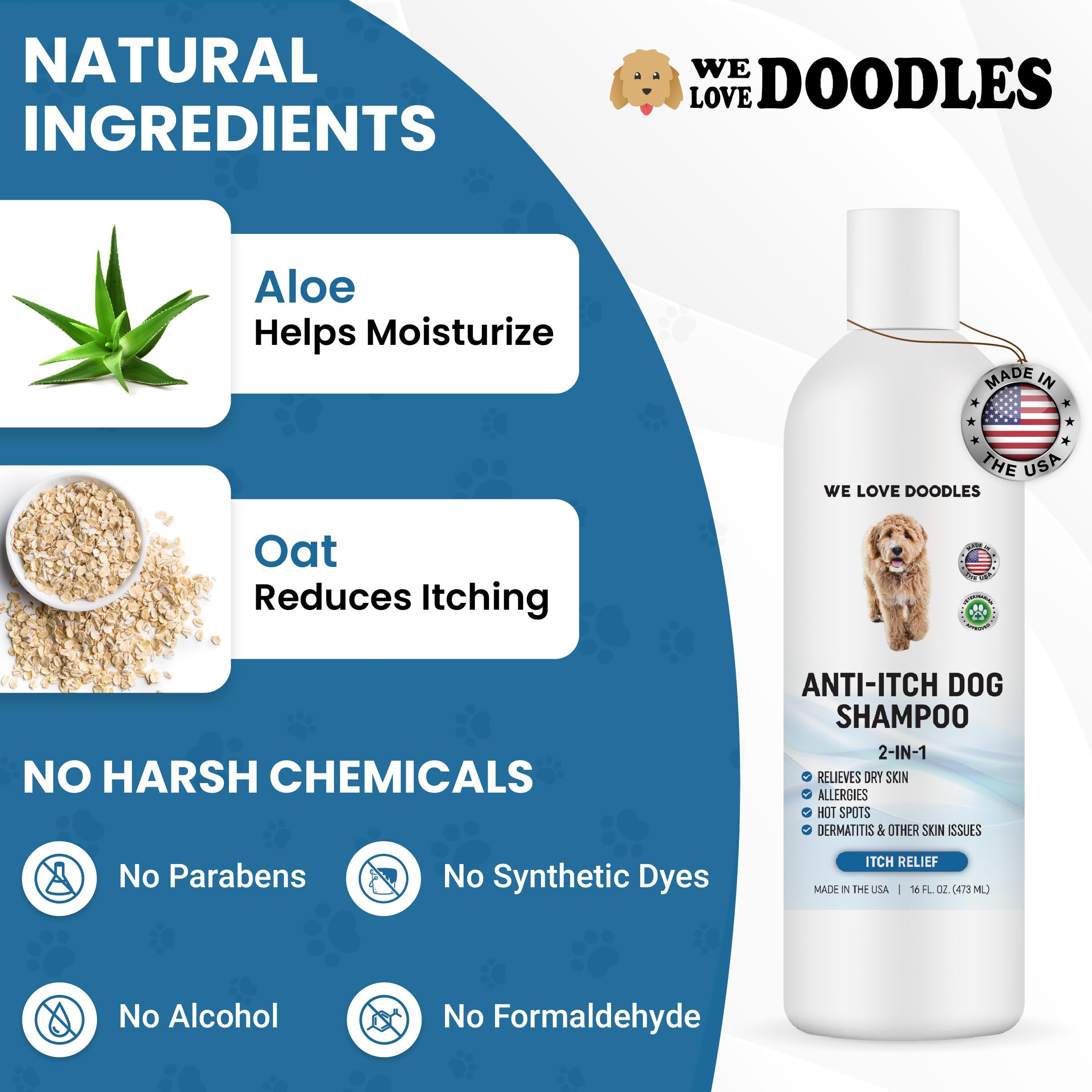 We Love Doodles Premium Anti Itch Dog Shampoo for Sensitive Skin, 16 OZ, Natural Ingredients, Allergy Relief, Made in USA