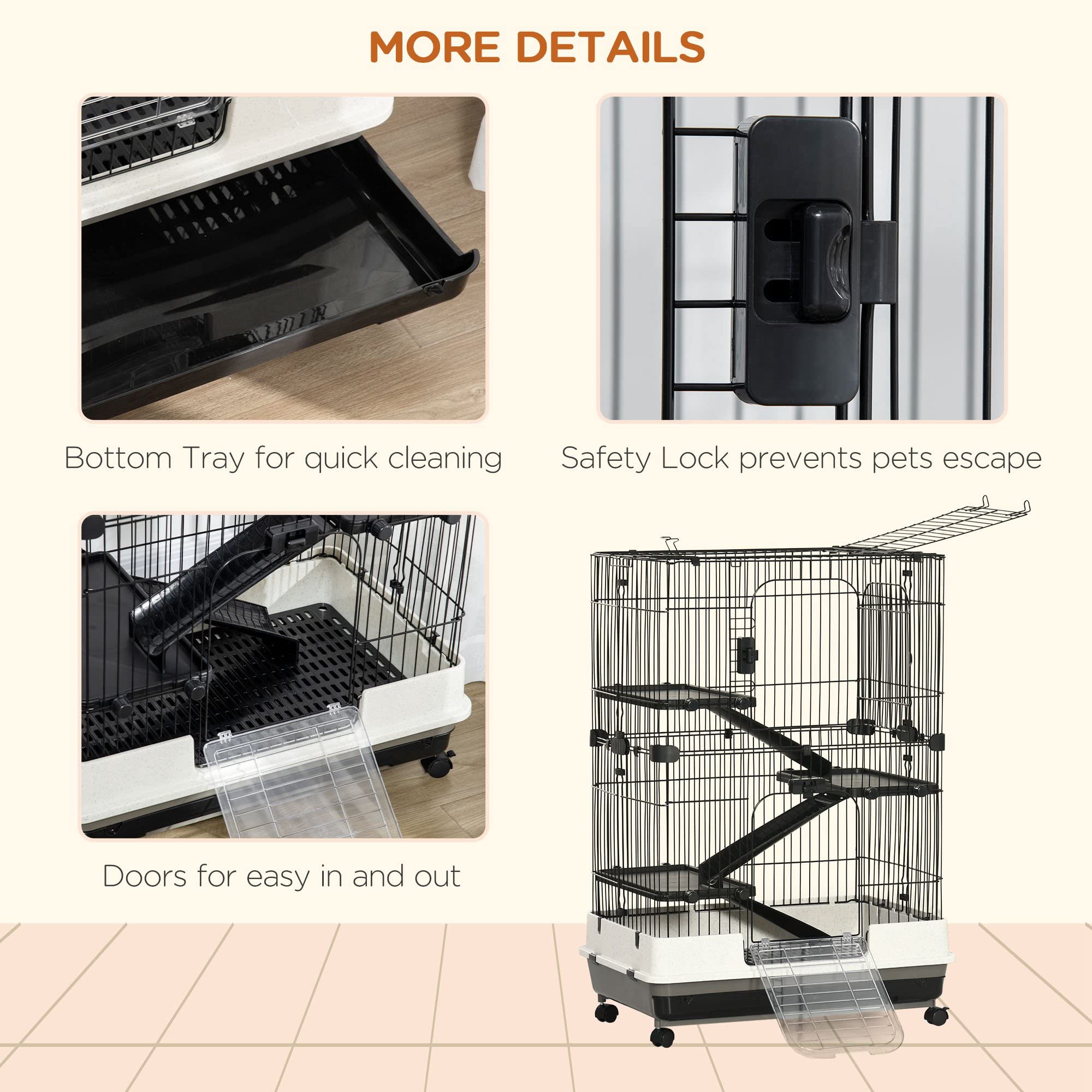 Pawhut 4-Level Small Animal Cage Rabbit Hutch With Wheels, Removable Tray, Platform And Ramp For Bunny, Chinchillas, Ferret, Black