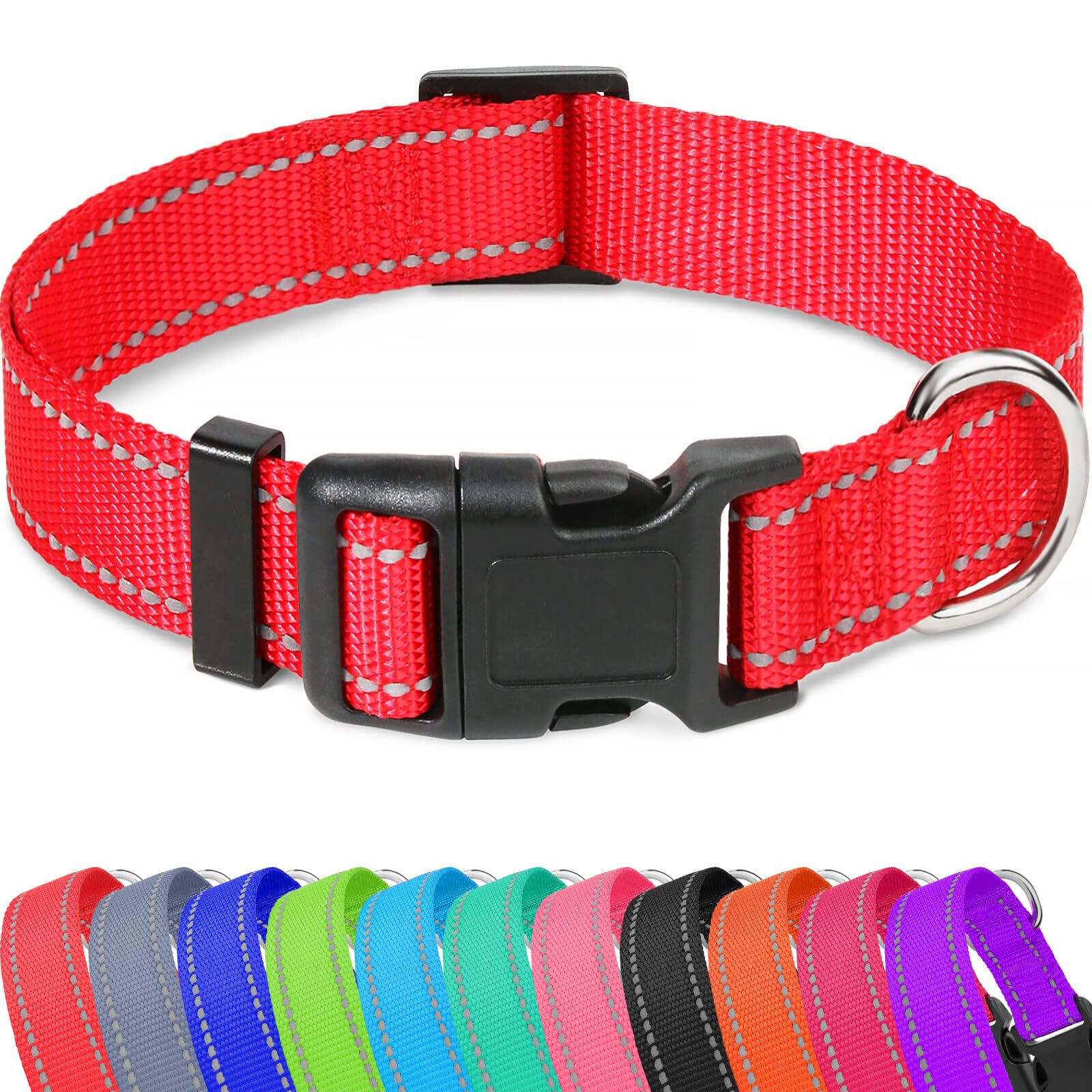 Taglory Reflective Adjustable Dog Collars For Puppy Small Medium Large Dogs, Thin Nylon Webbing And Quick Release Plastic Buckle(Red Medium)