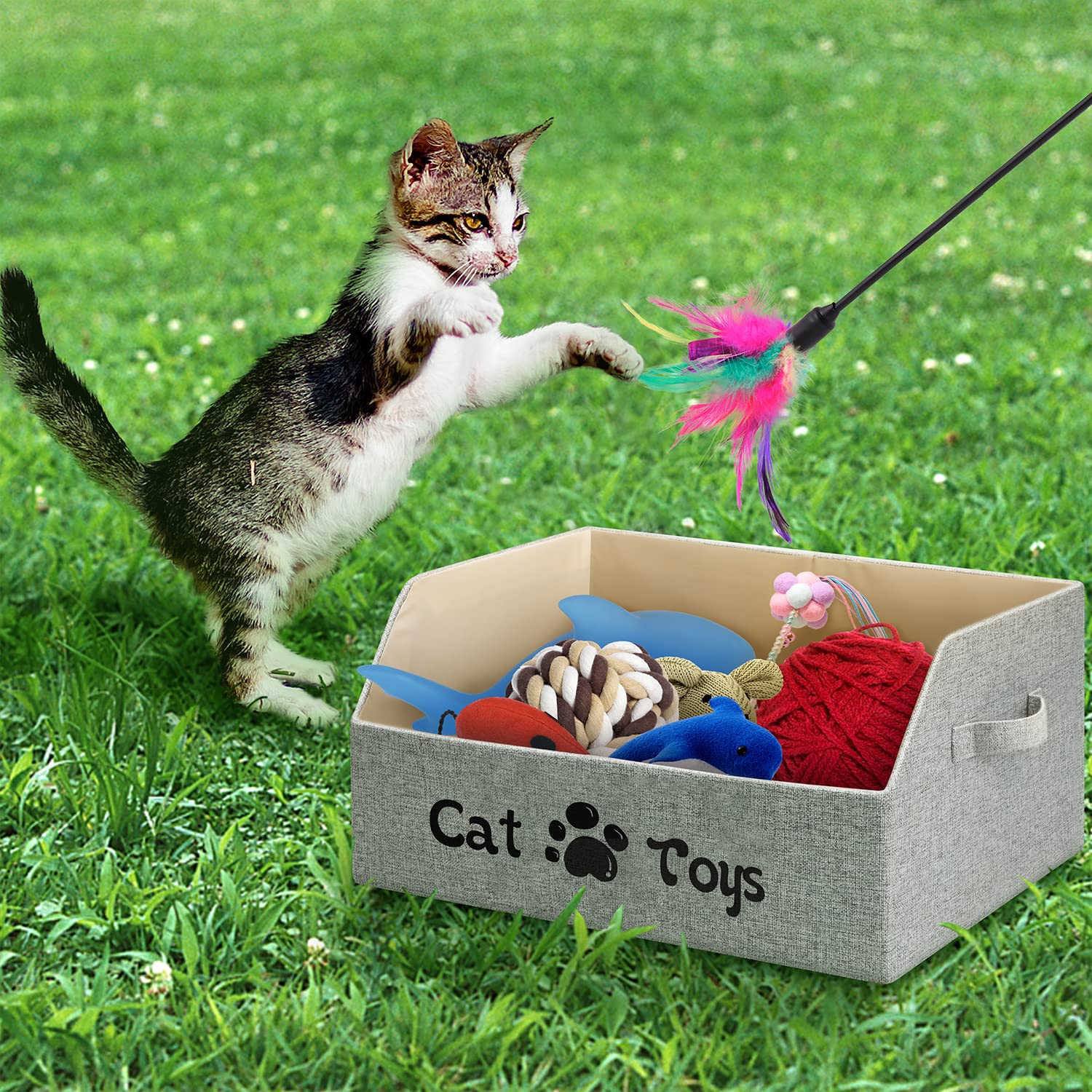 LOVSTORAGE Cat Toy Bin - 2X Thicker Collapsible Storage Basket, Grey, Cotton Linen & Cardboard, Model A17-11