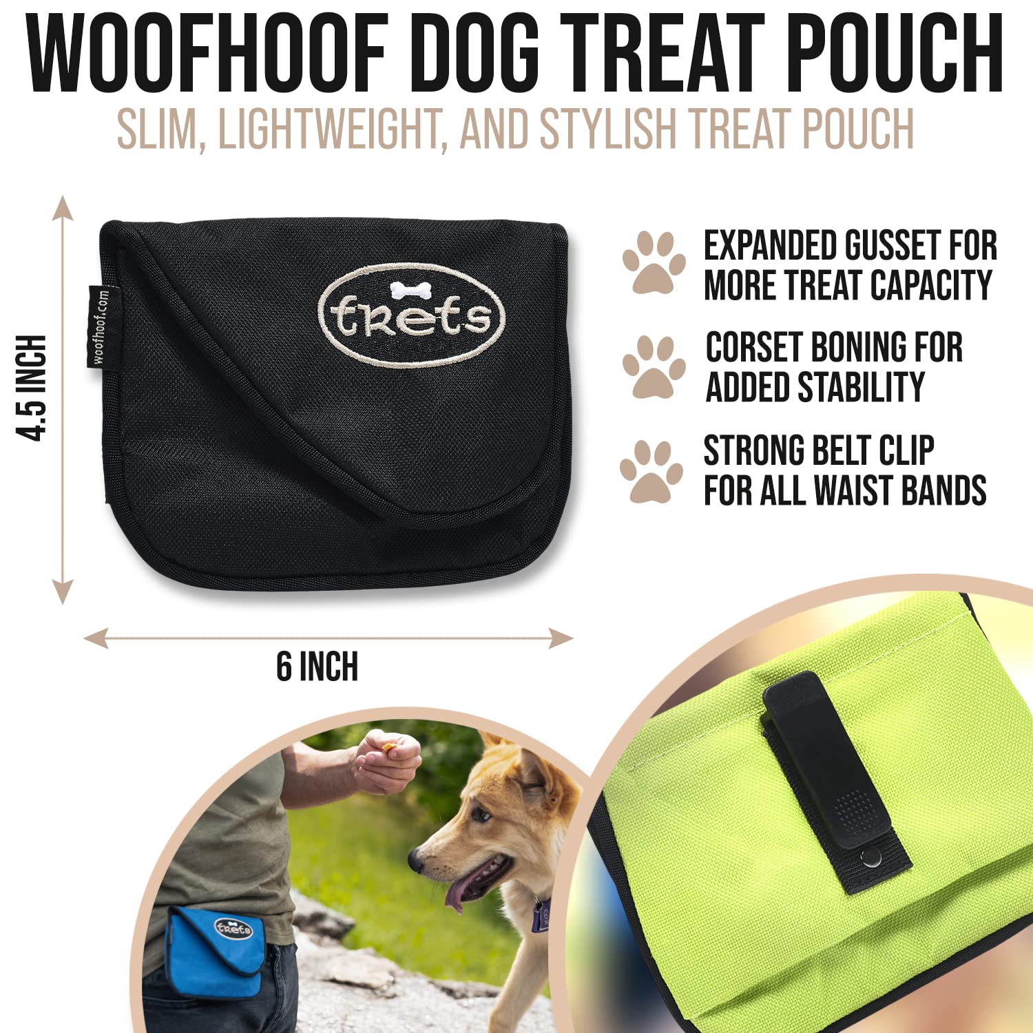 Woofhoof Dog Treat Pouch - Black Nylon Training Treat Holder, No Spill Design, Magnetic Flap, Expandable Gusset, 1 Count