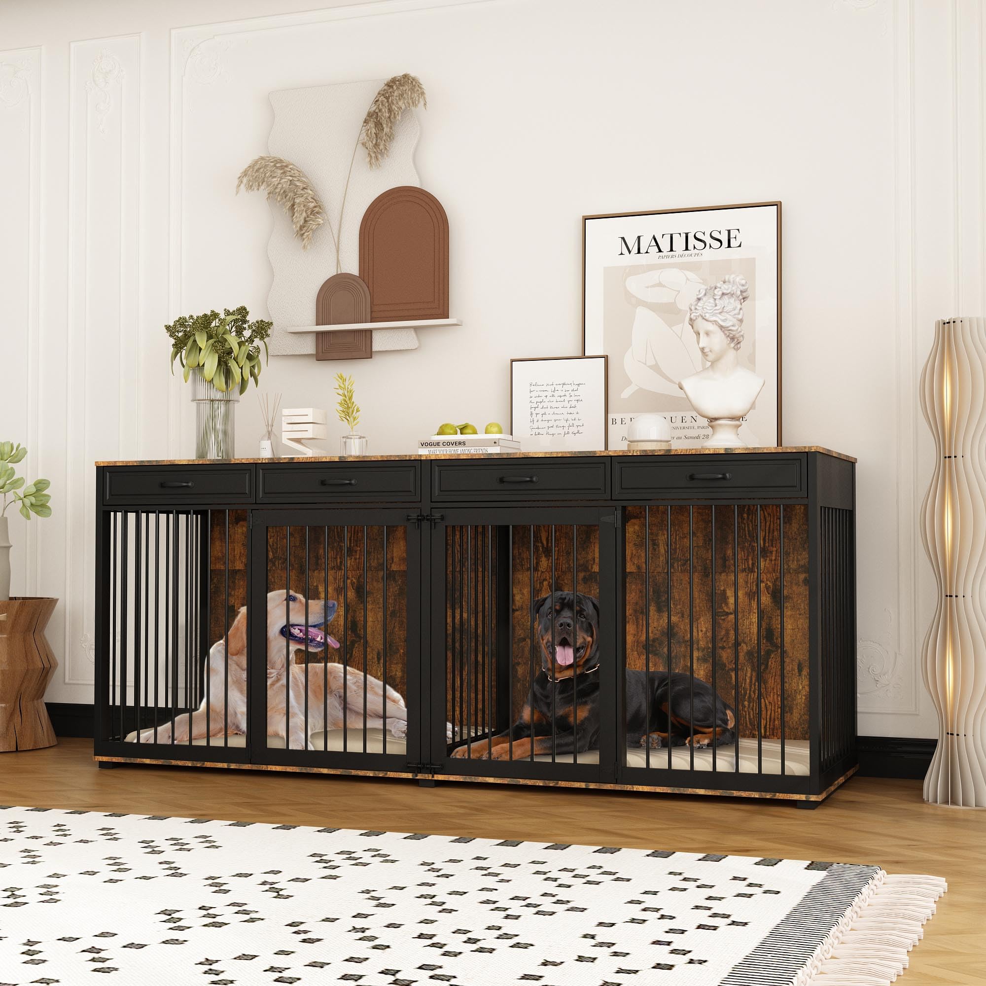 Timechee Extra Large Dog Crate with Double Rooms, 93  Heavy Duty Wooden Dog Cage Furniture Dog Crate Kennel w/Drawers & Removabl