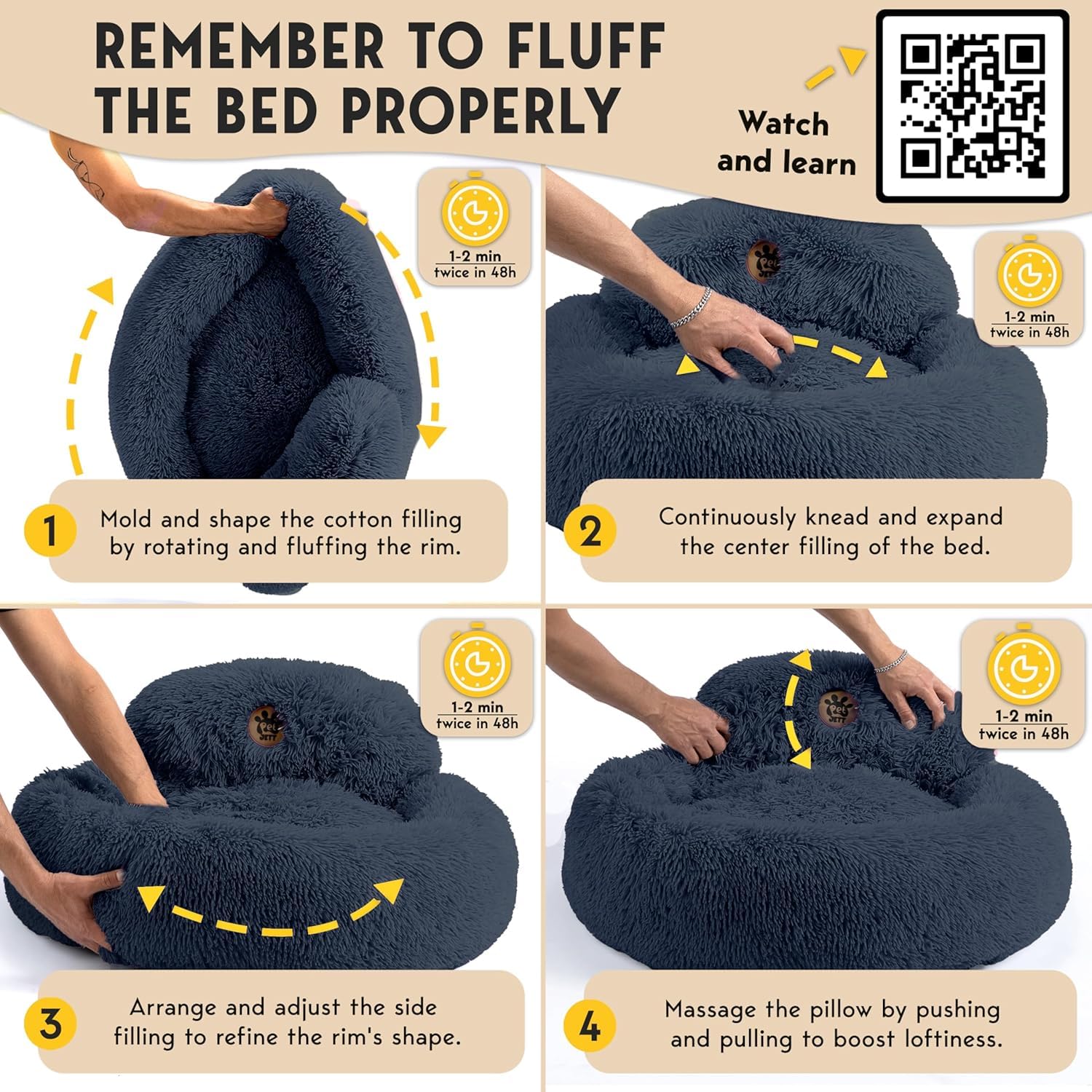 PetJett Calming Small Dog Bed - 23 Round Dog Beds, Anti-Slip & Washable Puppy Bed - Super Soft Fluffy Plush Faux Fur Pet Bed,