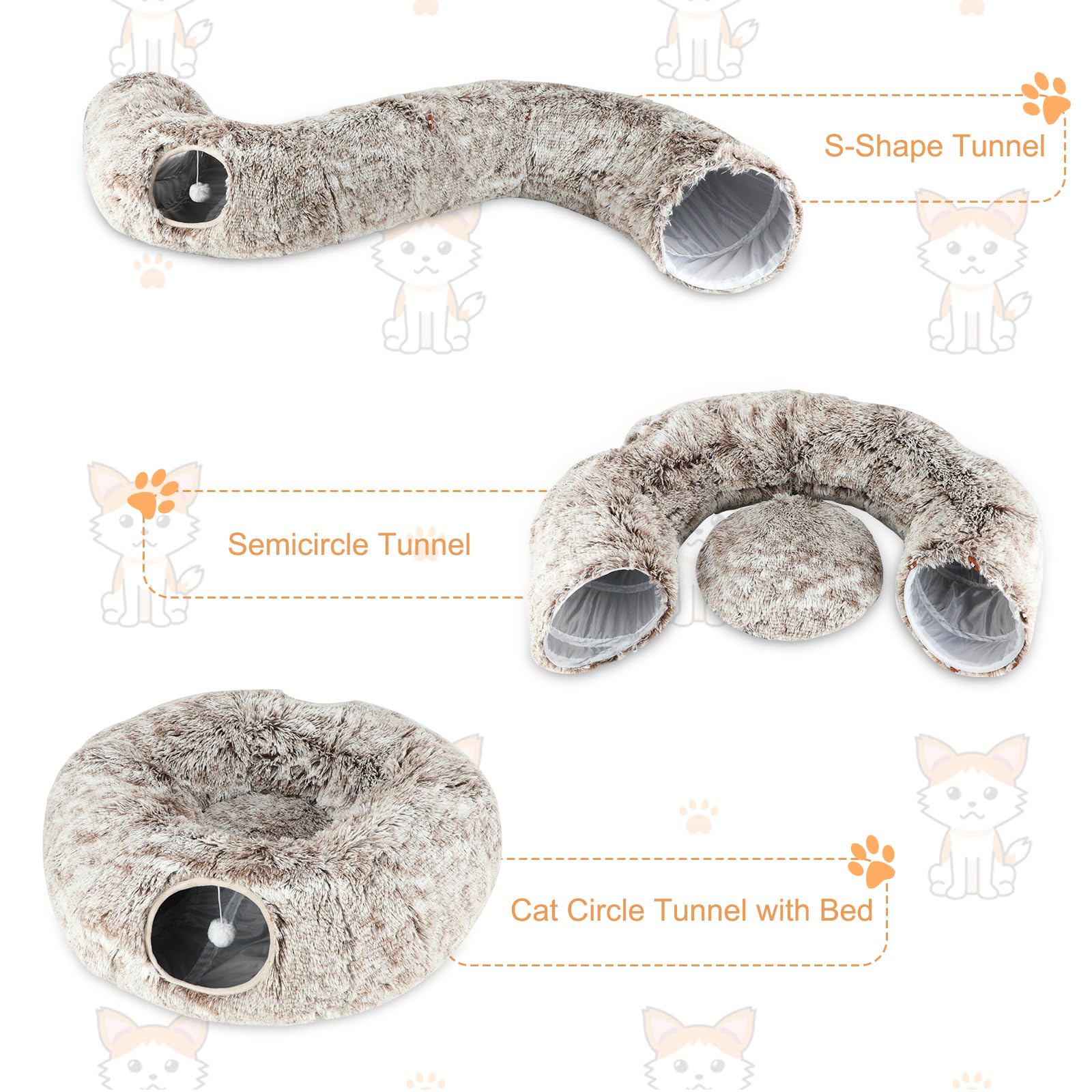 Lonepetu Plush Cat Tunnel Bed For Indoor Cats, Collapsible Cat Donut Tunnel With Central Mat, Fluffy Cats Cave Tube With Hanging