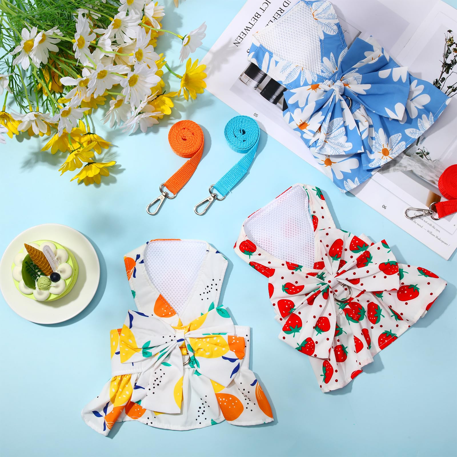 Bulyoou 3 Pieces Dog Harness Dress And Leash Set Cute Female Dog Dresses Assorted Styles Puppy Clothes Breathable Polyester Pet