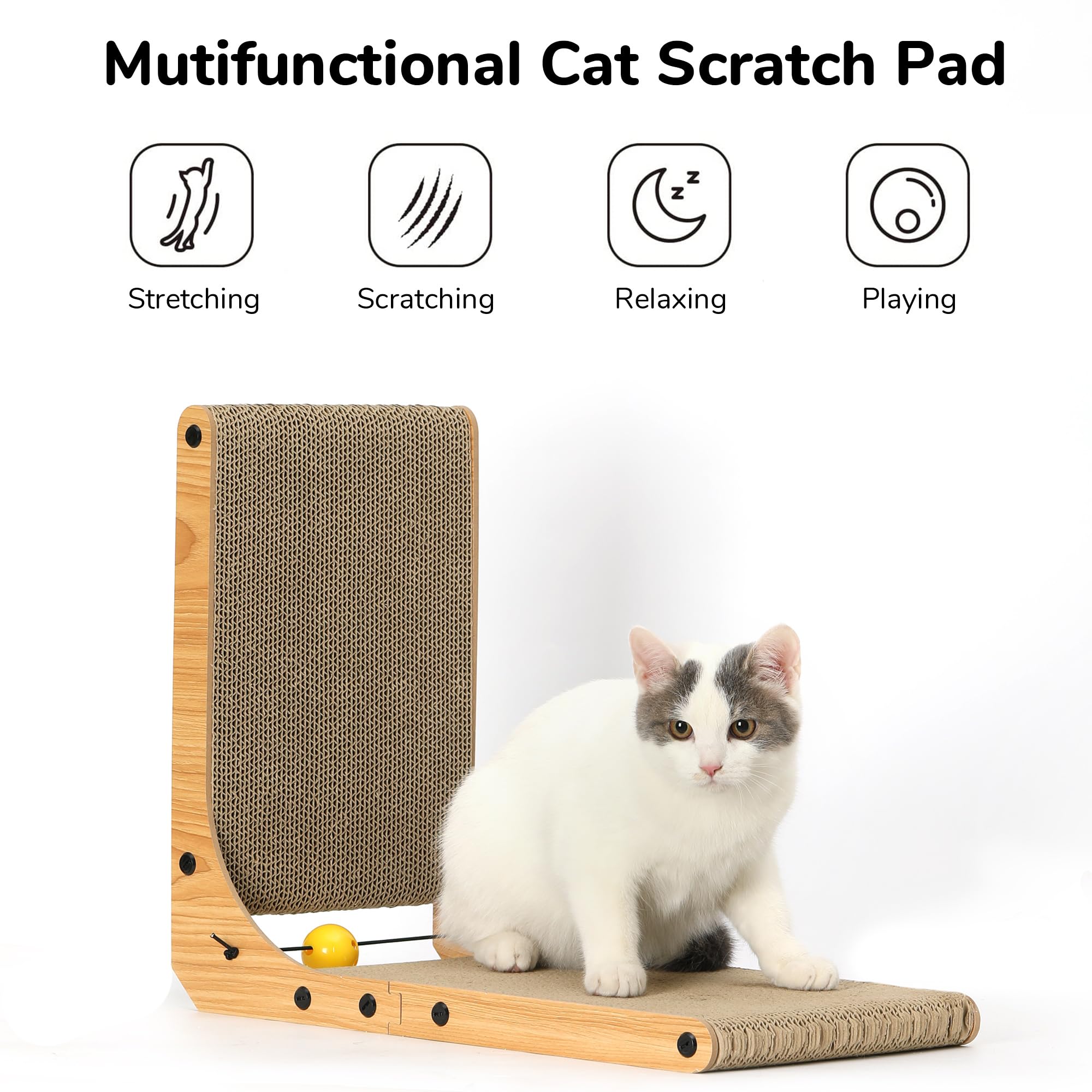 Fukumaru Cat Scratcher, 18.9 Inch L Shape Cat Scratch Pad, Vertical Cat Scratcher Wall Mounted, Cat Scratching Cardboard With Ba