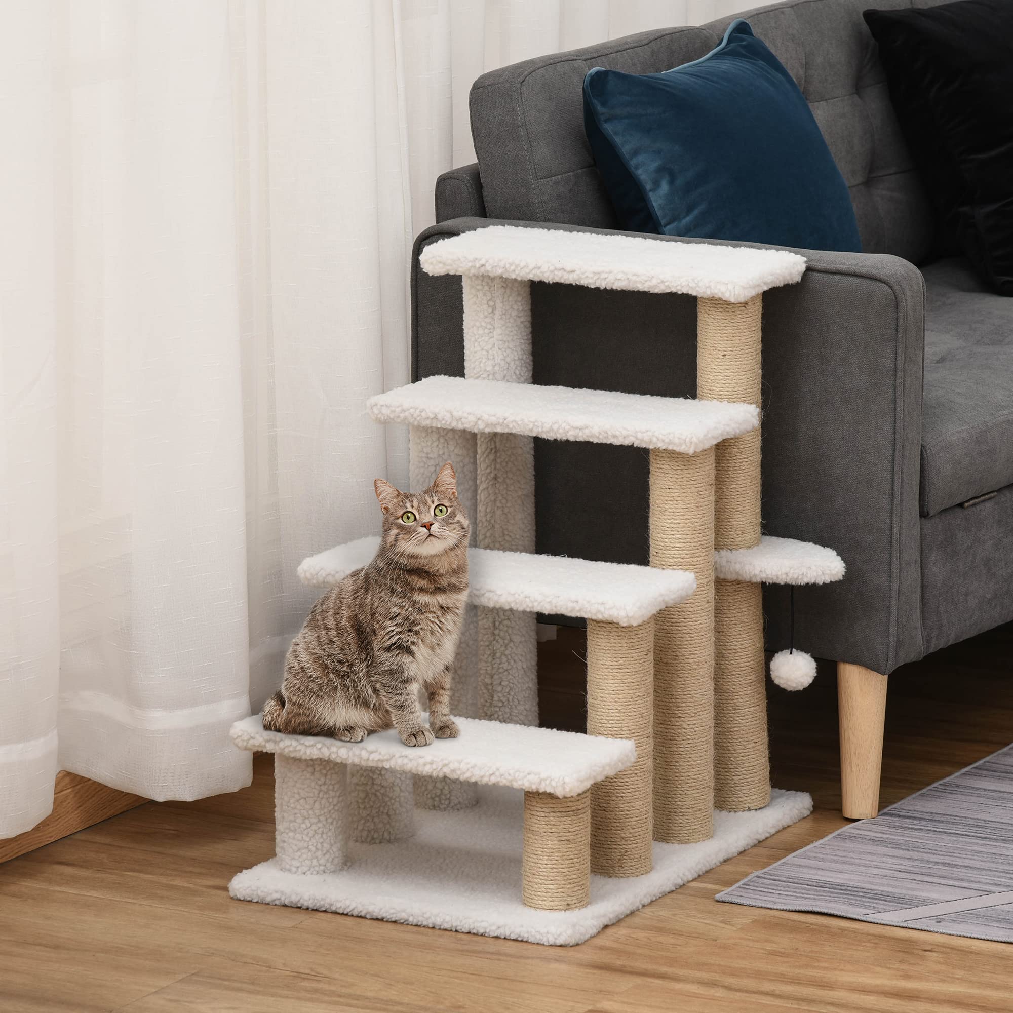 PawHut 4 Levels Cat Steps, Pet Stairs Carpeted Ladder, Kitten Tree Climber with Scratching Posts, Hanging Play Ball, Side Step,