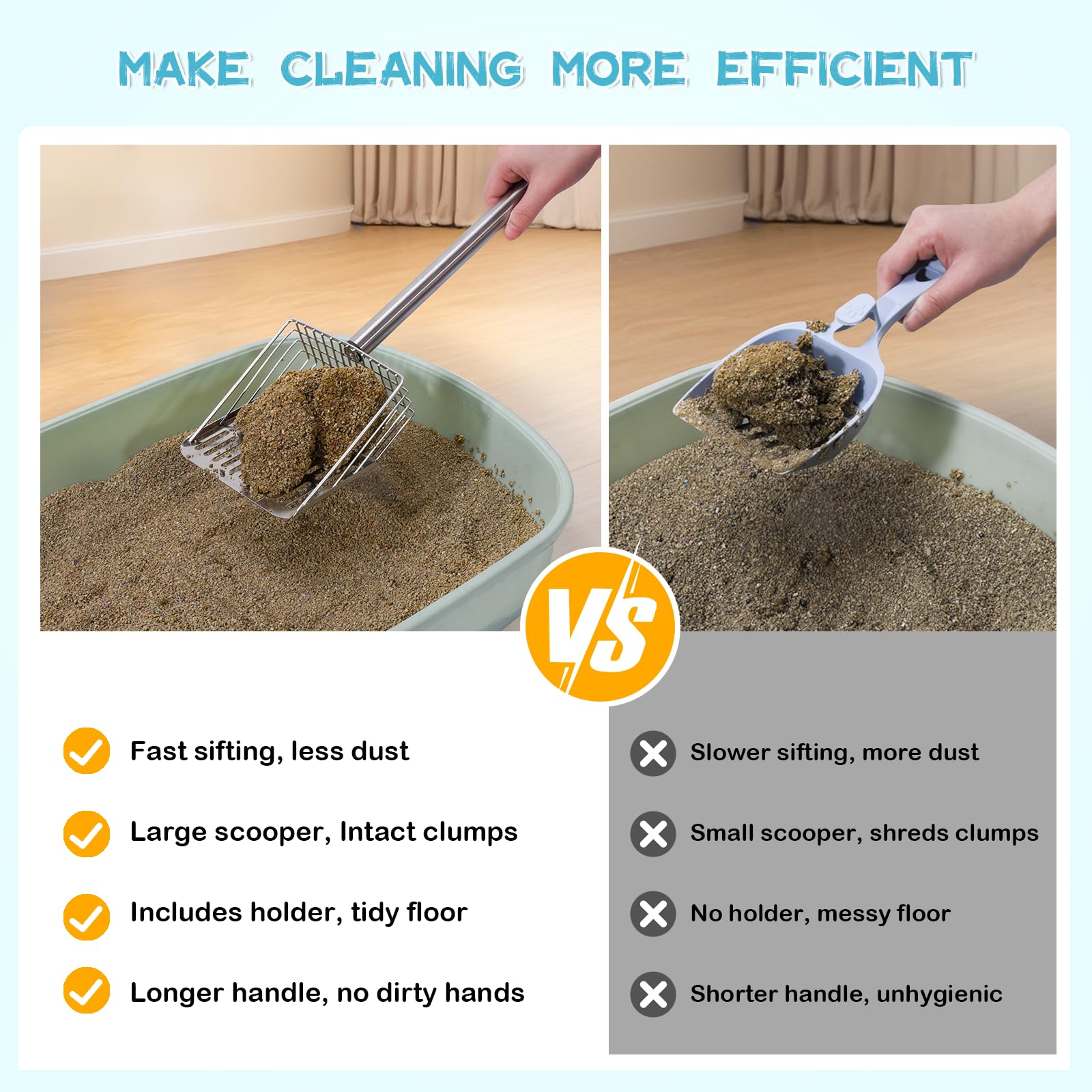 PETOCAT Metal Cat Litter Scoop with Holder Stainless Steel Kitten Poop Scooper, 17.5 Heavy Duty Pet Poop Sifter for Cat Box, Lon