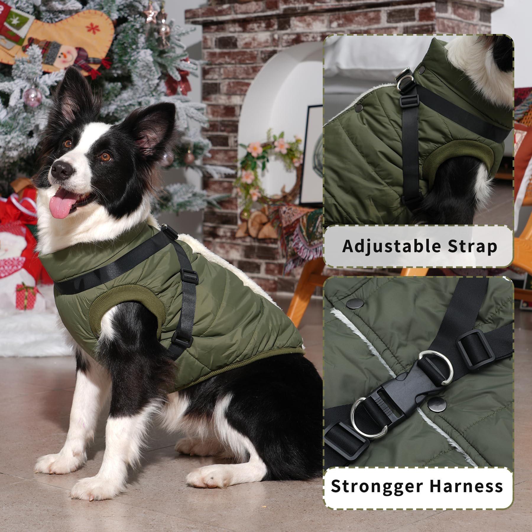Joydaog Dog Jacket With Harness,Fleece Lined Warm Puppy Coat For Winter,Soft Windproof Large Dog Vest,Green Xxl