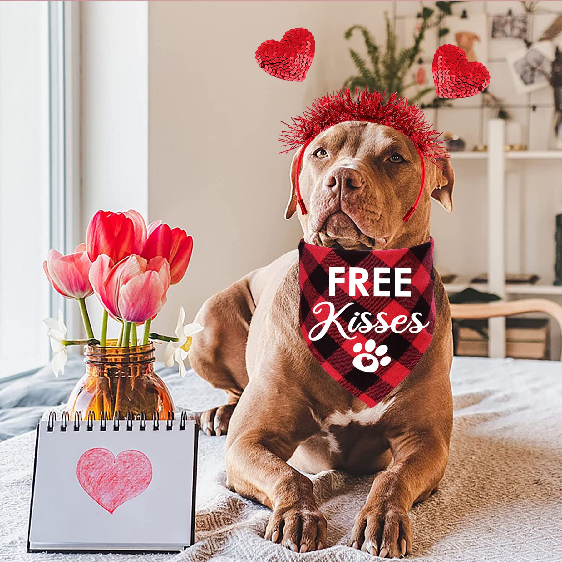 Stmk Valentines Day Dog Bandana Outfits, Valentines Day Heart Headband Plaid Valentines Dog Bandanas Costumes For Small Medium L