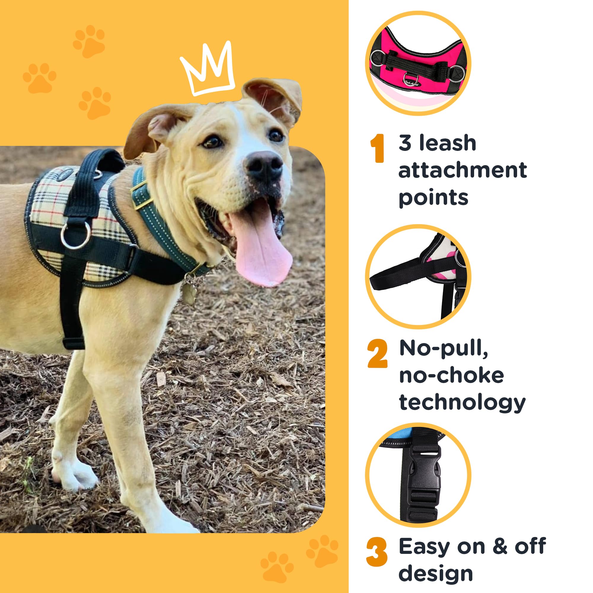 Bark Appeal Blue No-Pull Dog Harness for Large to Extra Large Sized Pets - Adjustable, Reflective Vest with 3 Leash Clips for Ad