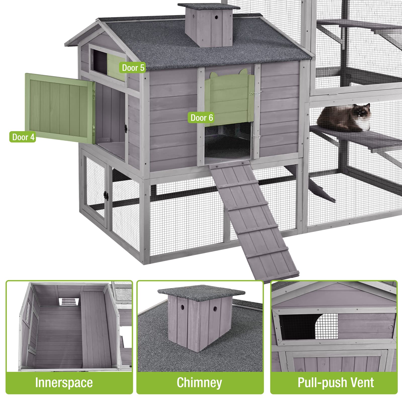 Catio Cat House Outdoor 91'' Large Cat Enclosures For Cats Playpen With Platforms & Pvc Cover,2 Combination