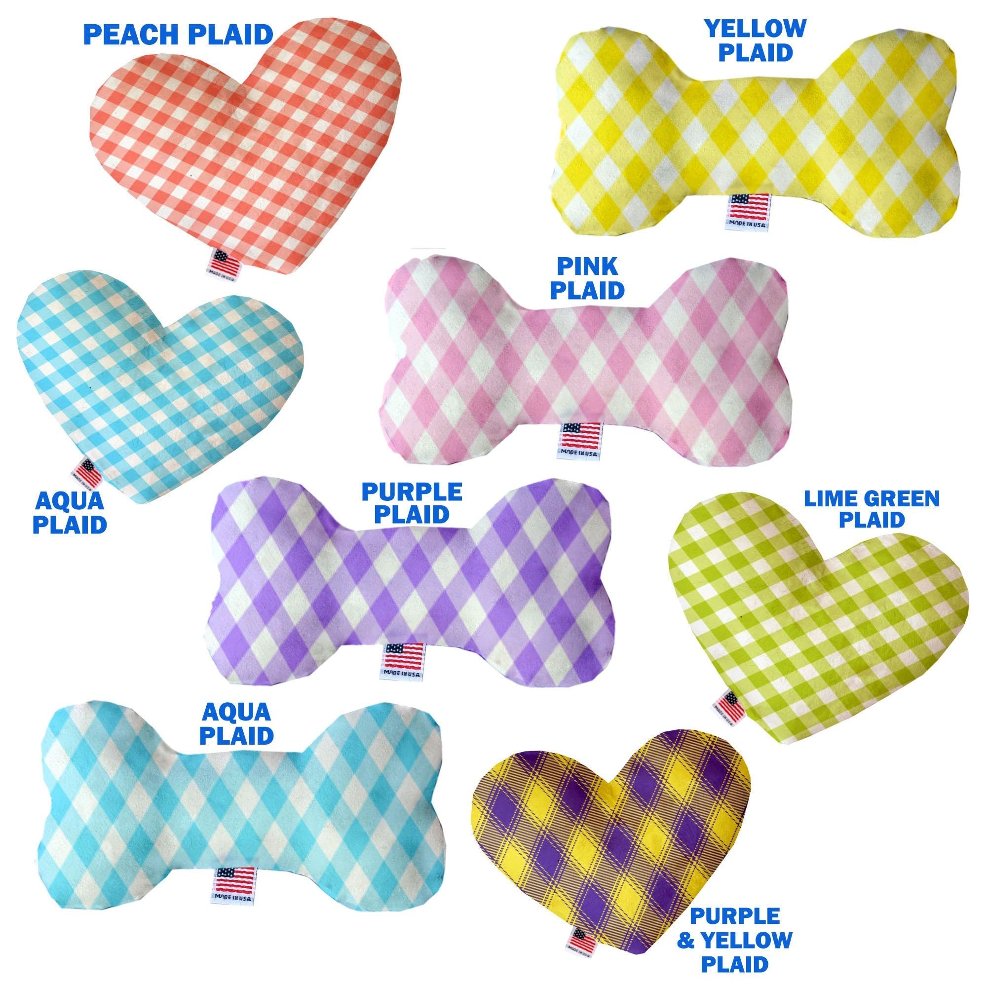 Pet and Dog Plush Heart or Bone Toy, &quot;Plaids Group&quot; (Available in different sizes, and 7 different pattern options!) Purple &Yellow Plaid 8&quot; Plush Bone