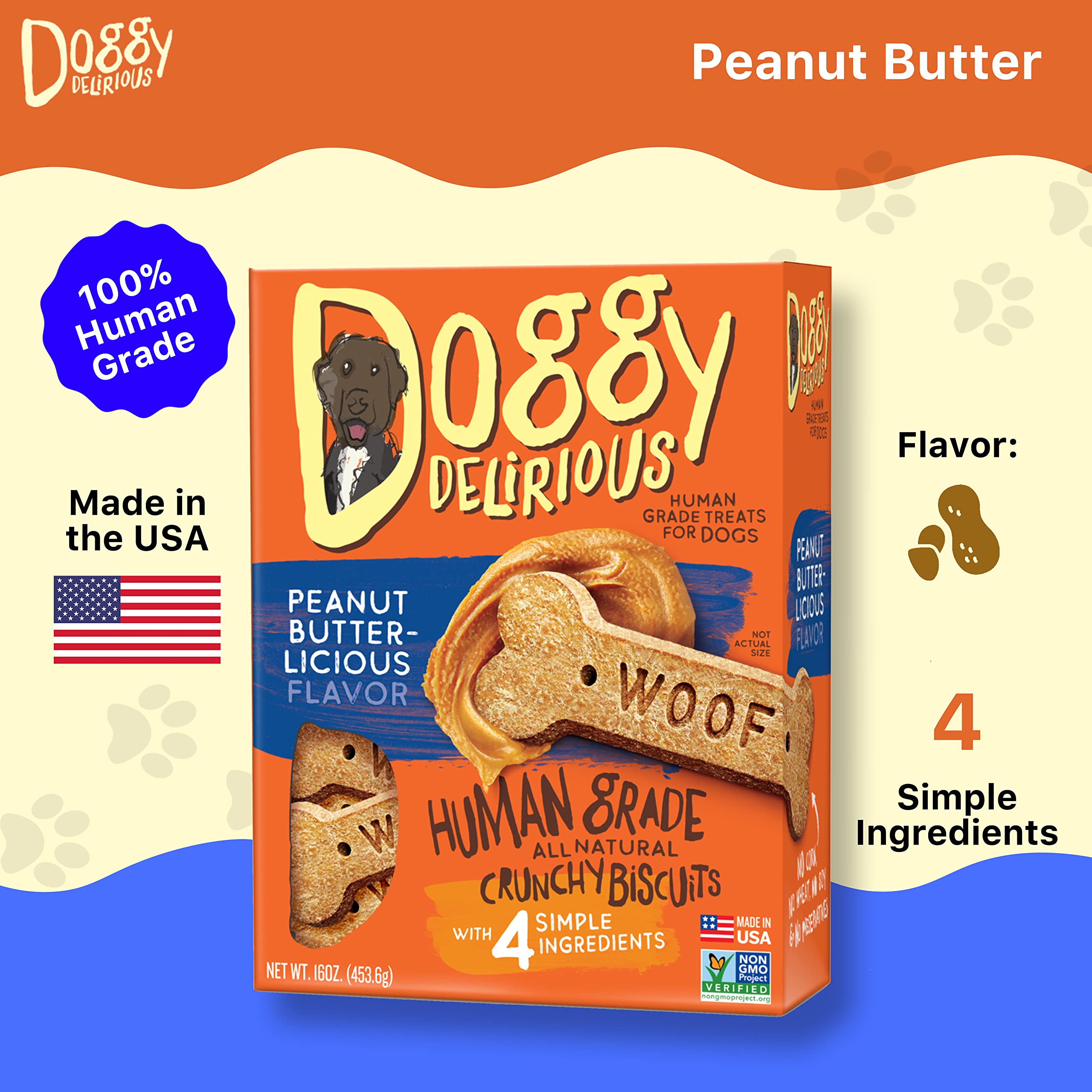 Doggy Delirious Dog Treats - All Natural Peanut Butter Flavor, 14 Oz Box, 100% USDA Organic, Non-GMO, Made in USA, 2-Pack