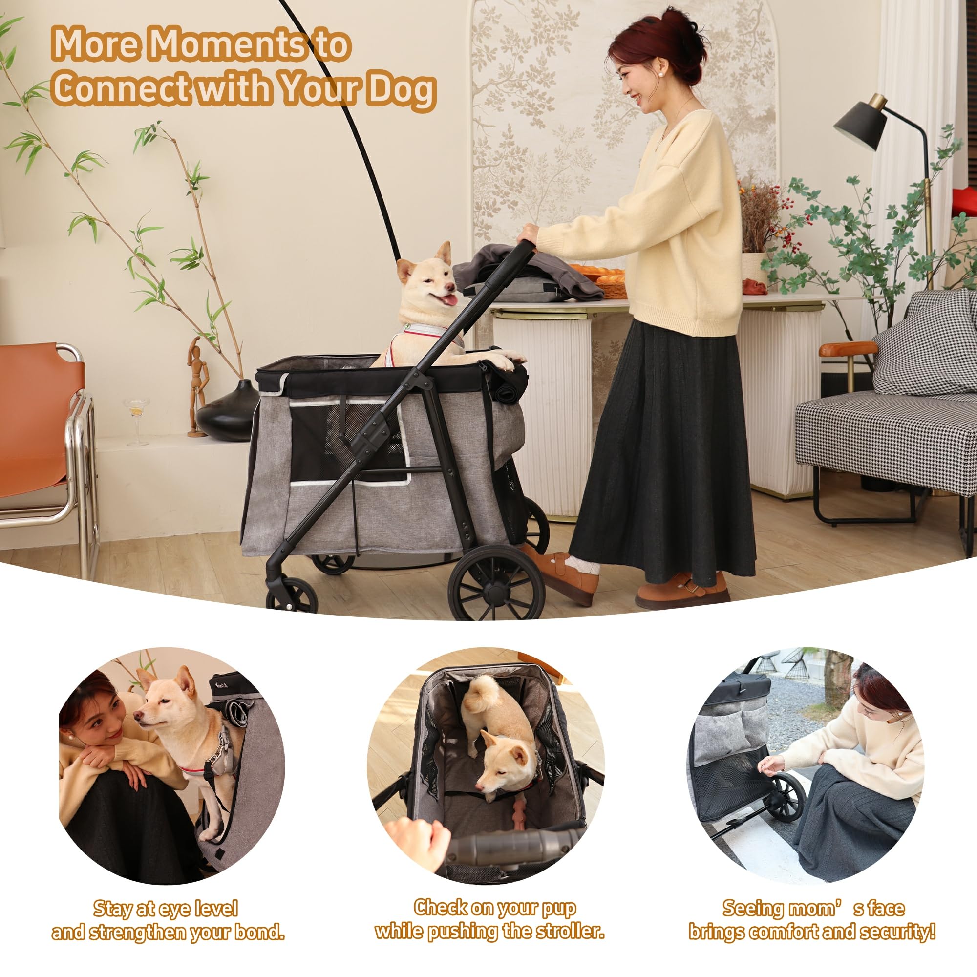 Totoro Ball Medium Dog Stroller For Small To Large Dogs 4 Wheels Multi Pet Stroller For 4 Dogs Holds Up To 66Lbs, One-Click Fold