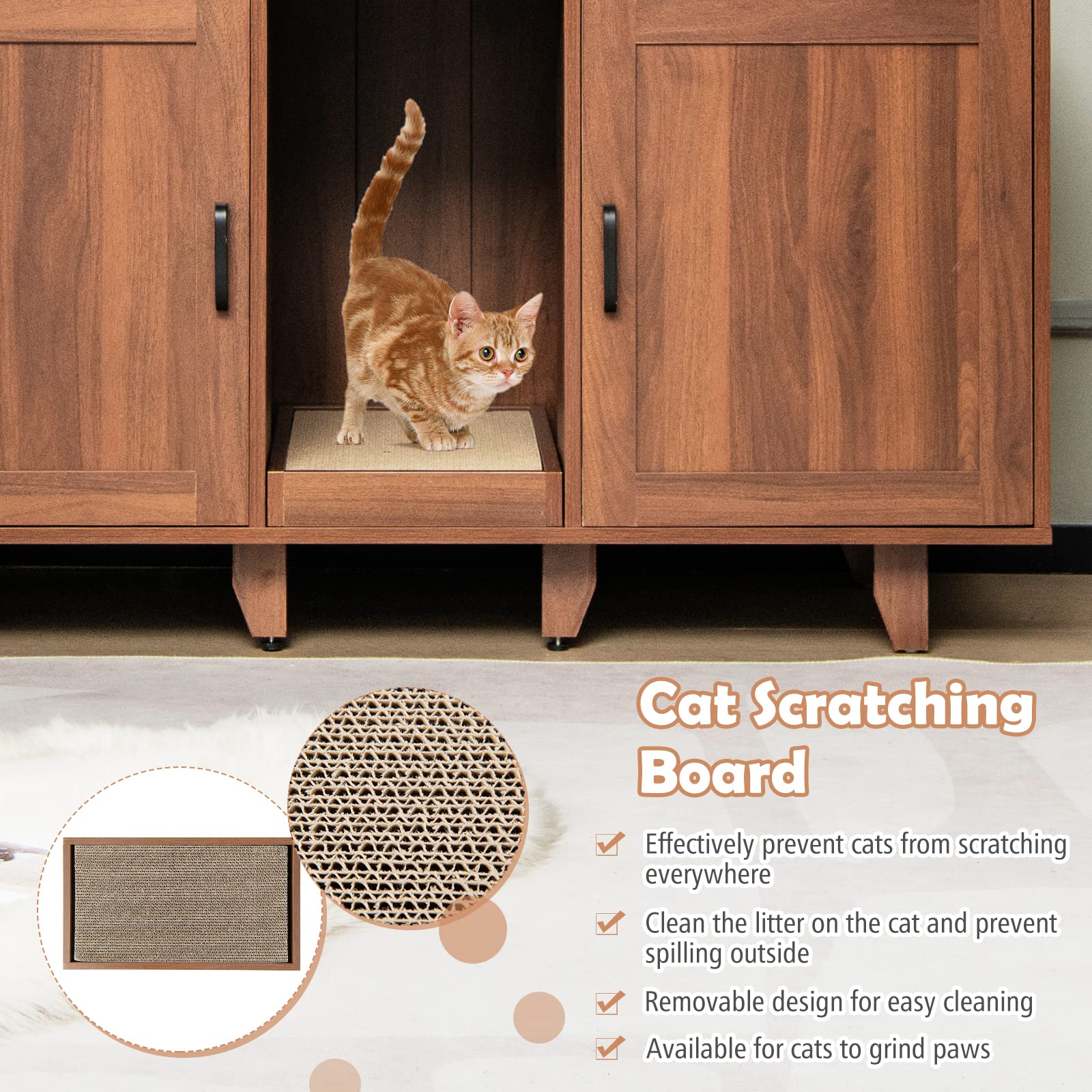 Petsite Cat Litter Box Enclosure Furniture For 2 Cats, Large Litter Box Cabinet With Scratching Board, And Adjustable Foot Pads, Indoor Cat House Tv Stand Side Table, Double Hidden Litter Box