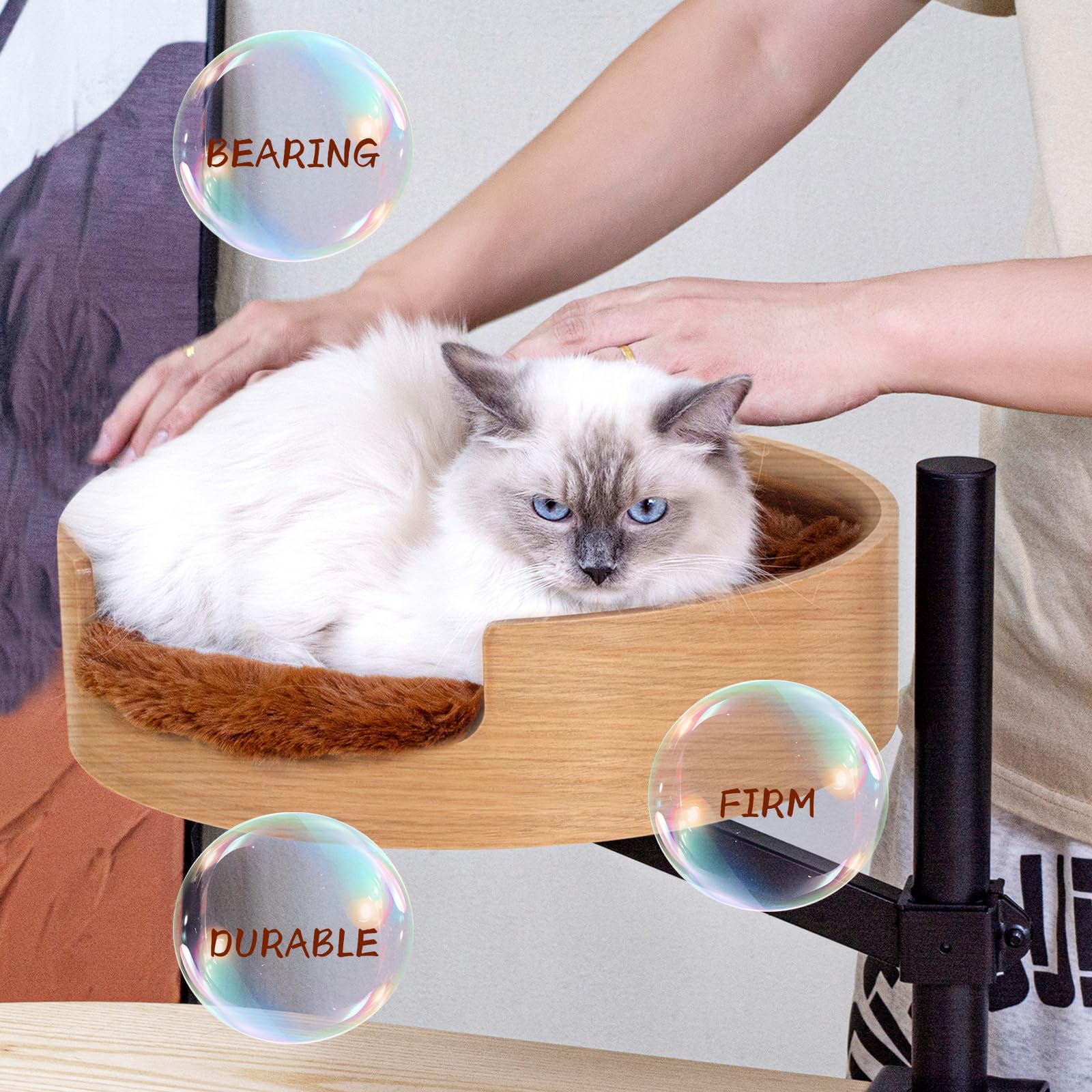 Zbuq Cat Bed Desk With Pet Mat, Cat Hammock For Desk, Cat Bed Desk With Wooden Bowl, 360 Rotation And Adjustable Height, Brown